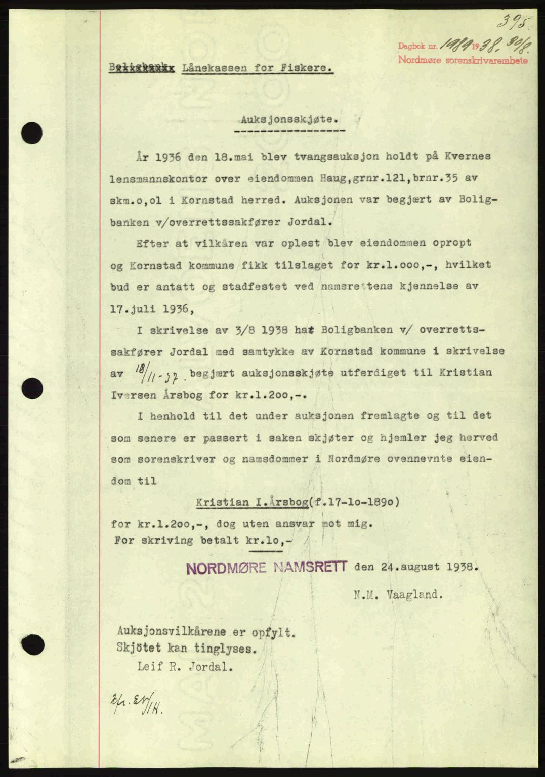 Nordmøre sorenskriveri, AV/SAT-A-4132/1/2/2Ca: Mortgage book no. A84, 1938-1938, Diary no: : 1989/1938