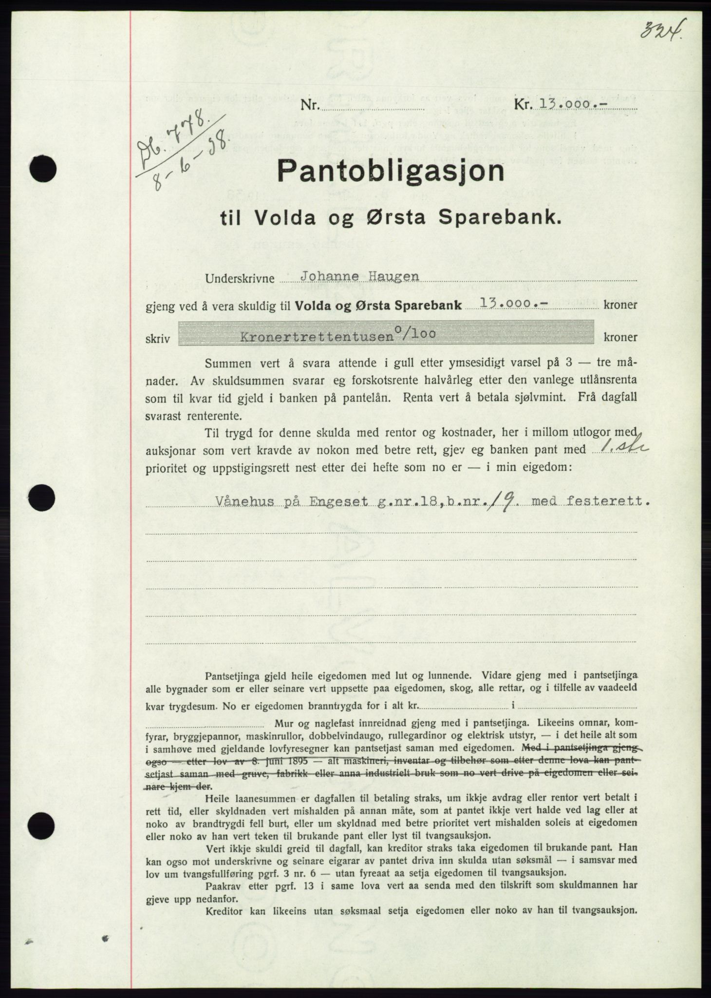 Søre Sunnmøre sorenskriveri, AV/SAT-A-4122/1/2/2C/L0065: Mortgage book no. 59, 1938-1938, Diary no: : 778/1938