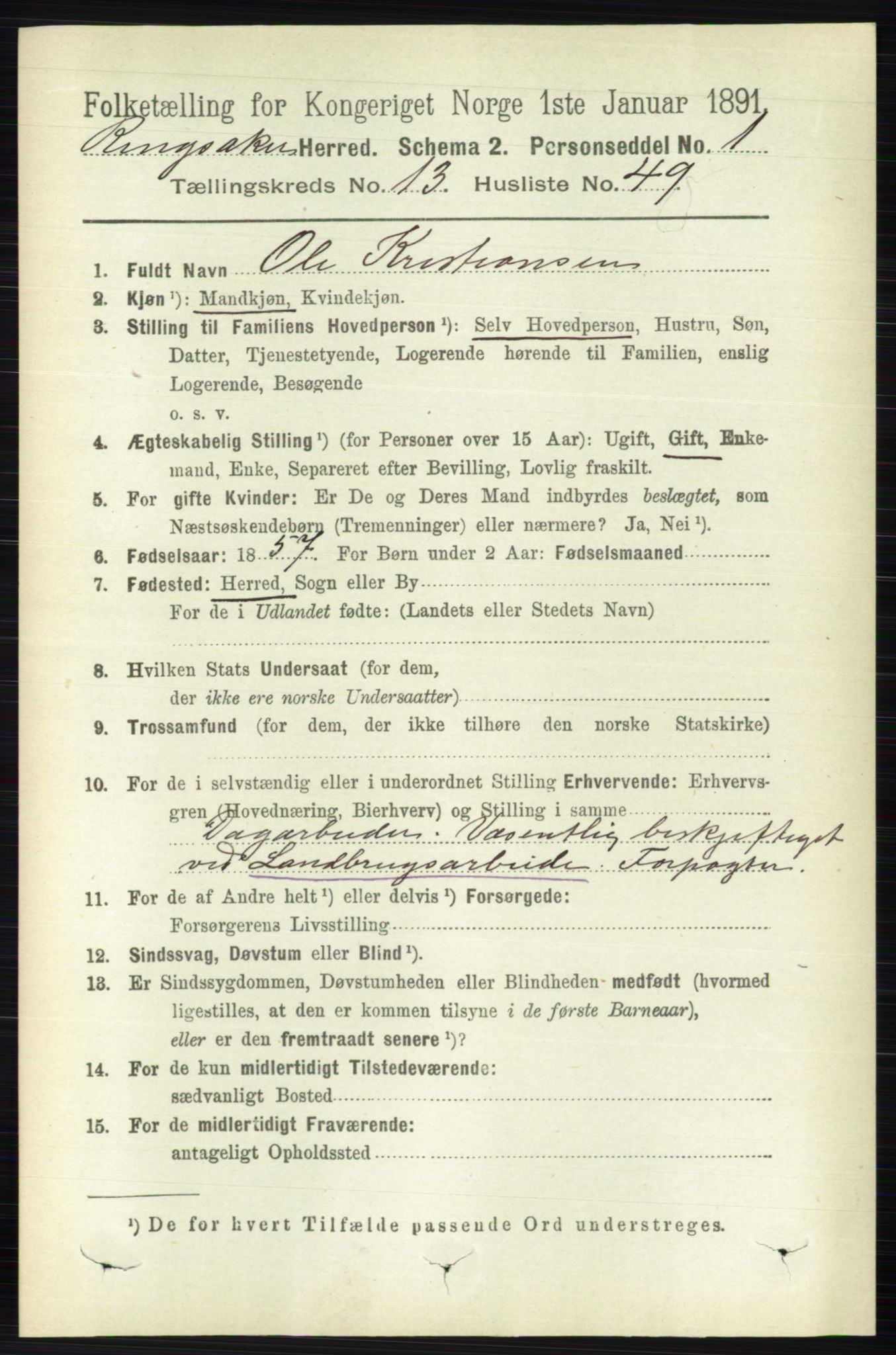 RA, 1891 census for 0412 Ringsaker, 1891, p. 7474