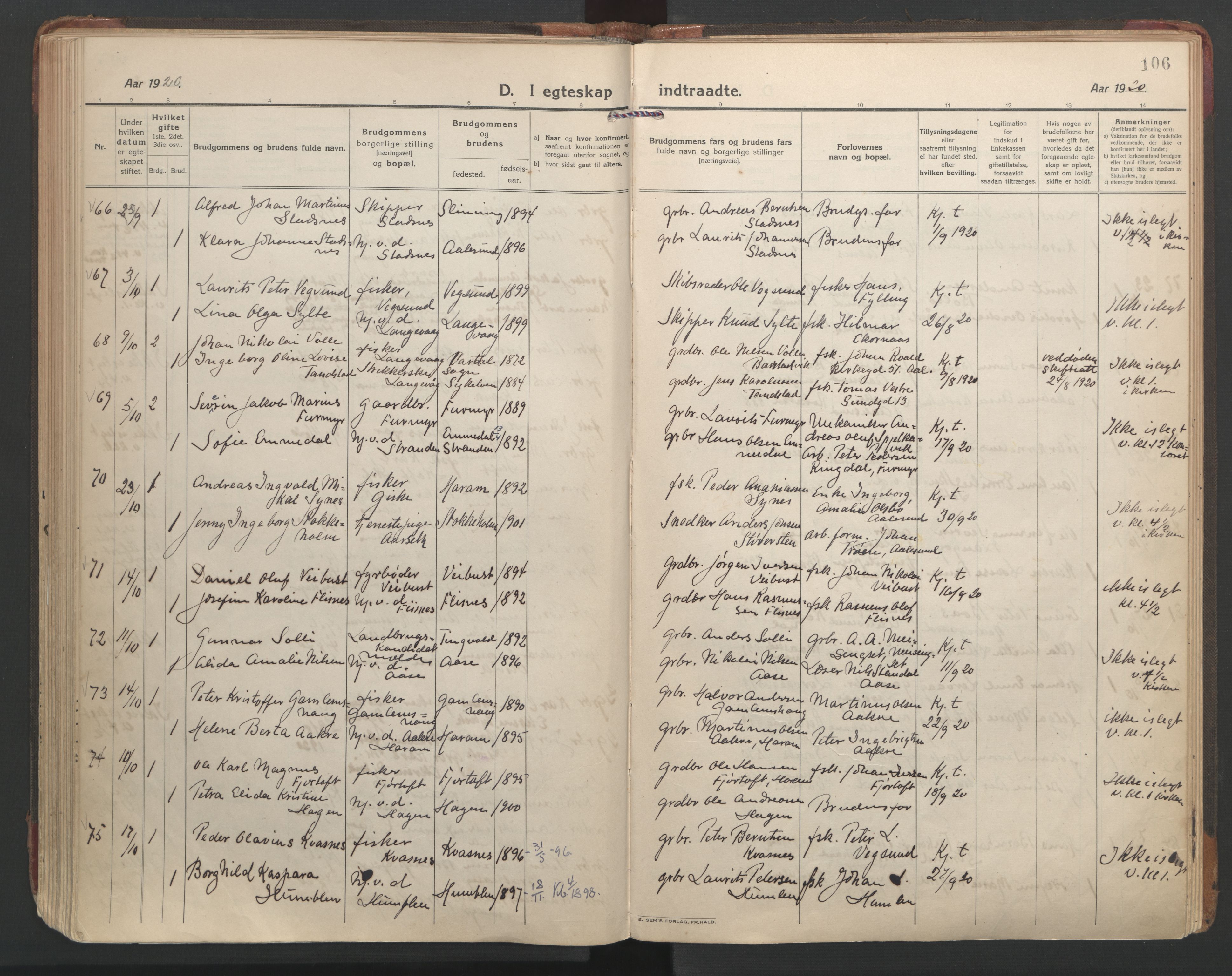 Ministerialprotokoller, klokkerbøker og fødselsregistre - Møre og Romsdal, AV/SAT-A-1454/528/L0412: Parish register (official) no. 528A21, 1920-1926, p. 106