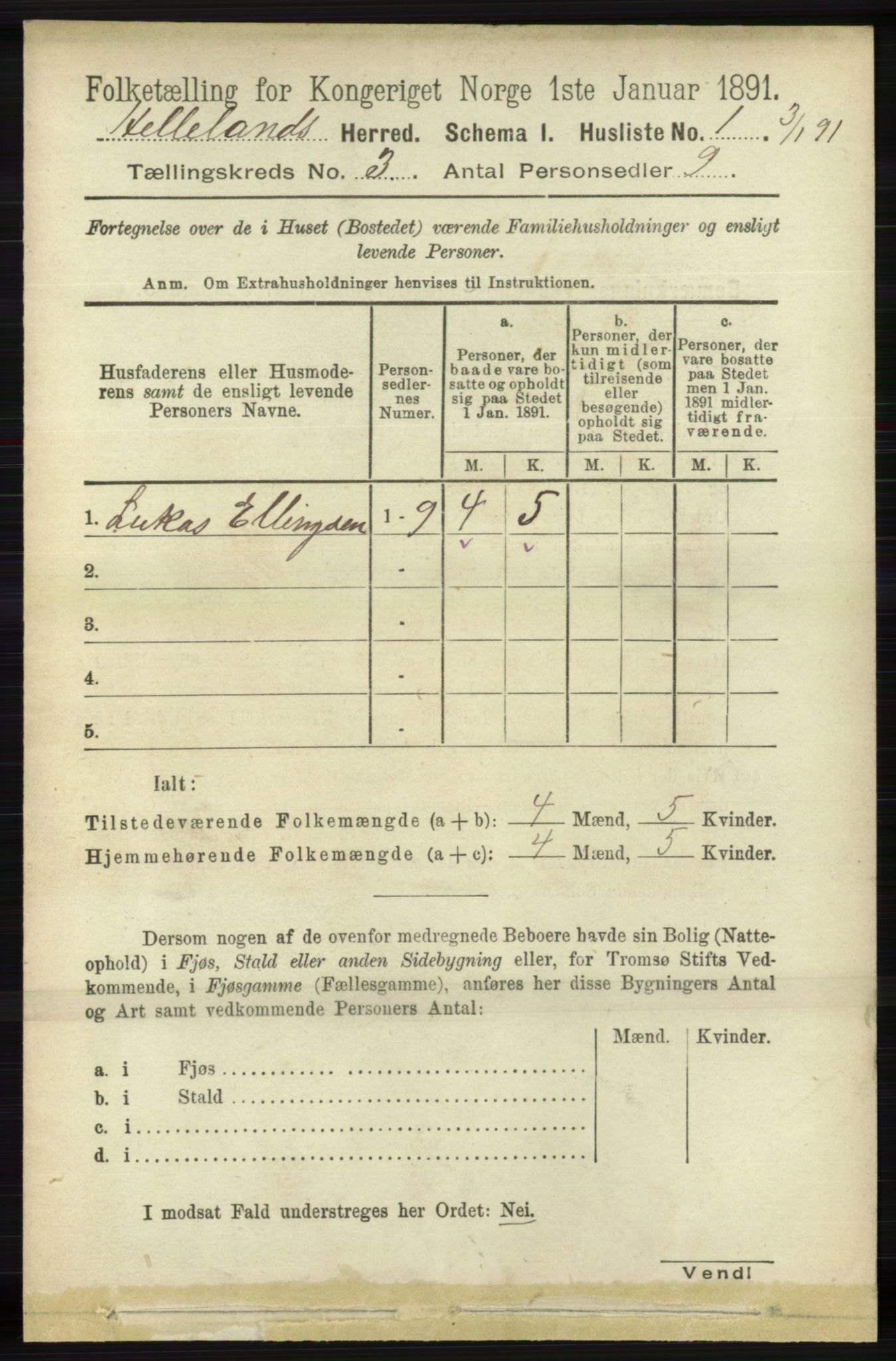 RA, 1891 census for 1115 Helleland, 1891, p. 790