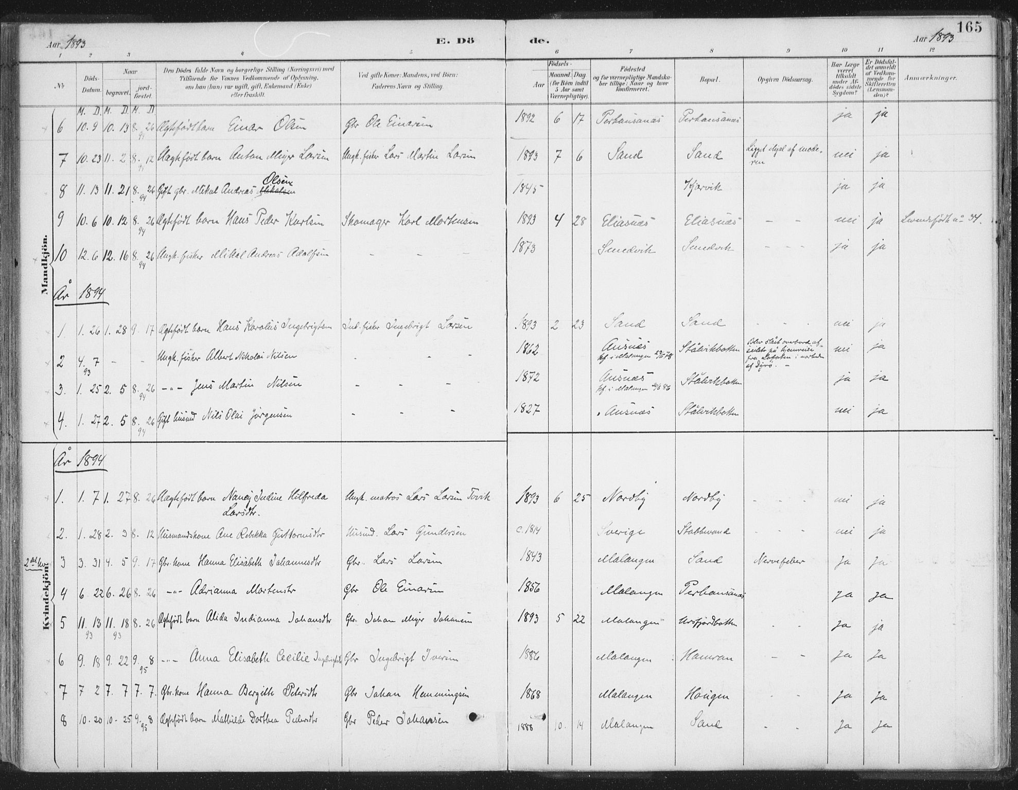 Balsfjord sokneprestembete, SATØ/S-1303/G/Ga/L0007kirke: Parish register (official) no. 7, 1887-1909, p. 165