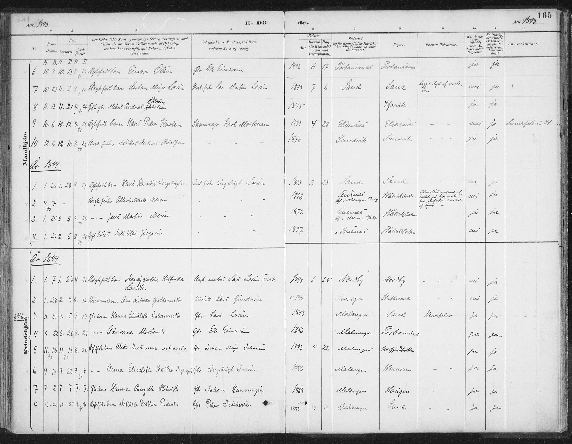 Balsfjord sokneprestembete, AV/SATØ-S-1303/G/Gaa/L0007kirke: Parish register (official) no. 7, 1887-1909, p. 165