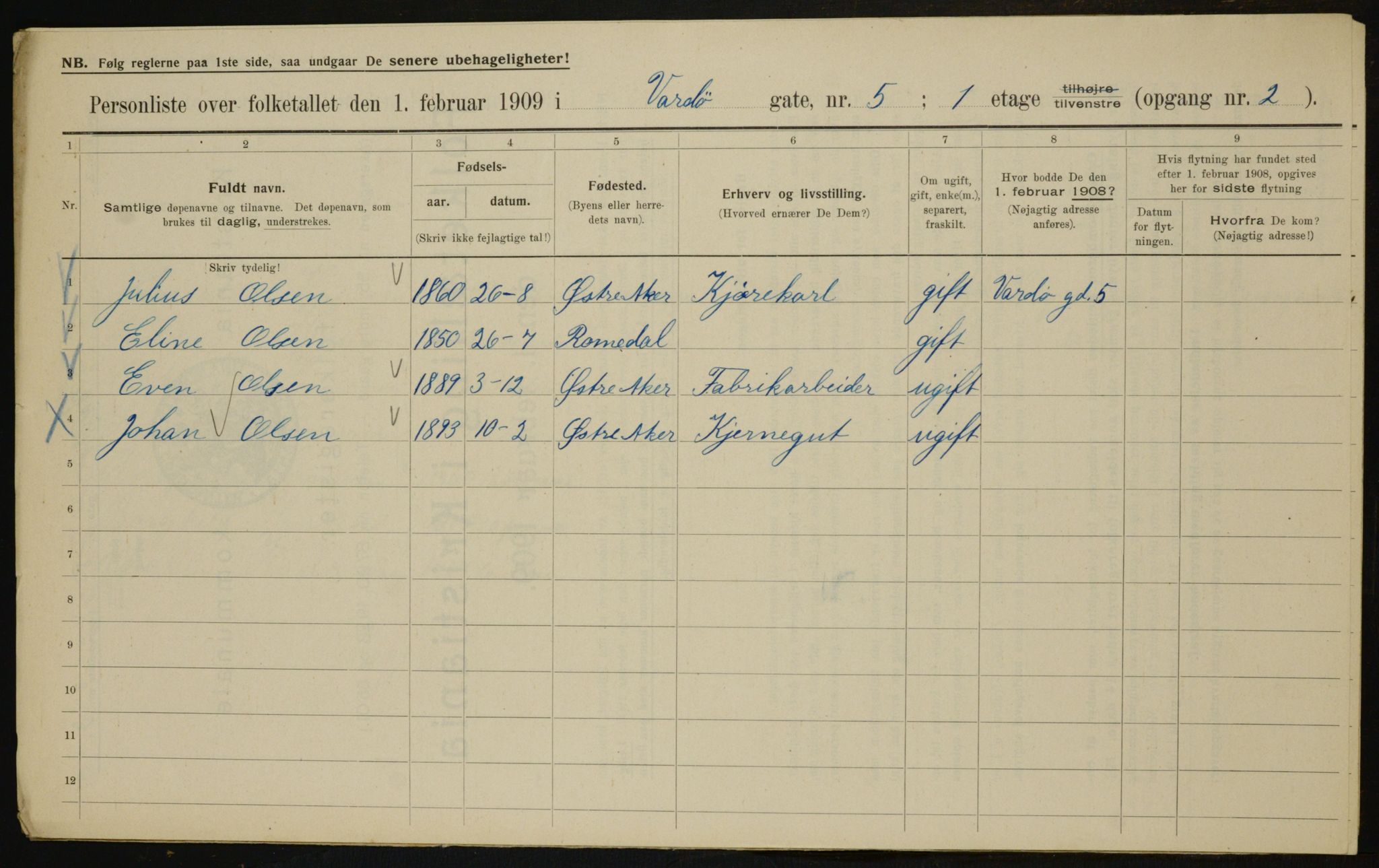 OBA, Municipal Census 1909 for Kristiania, 1909, p. 110601