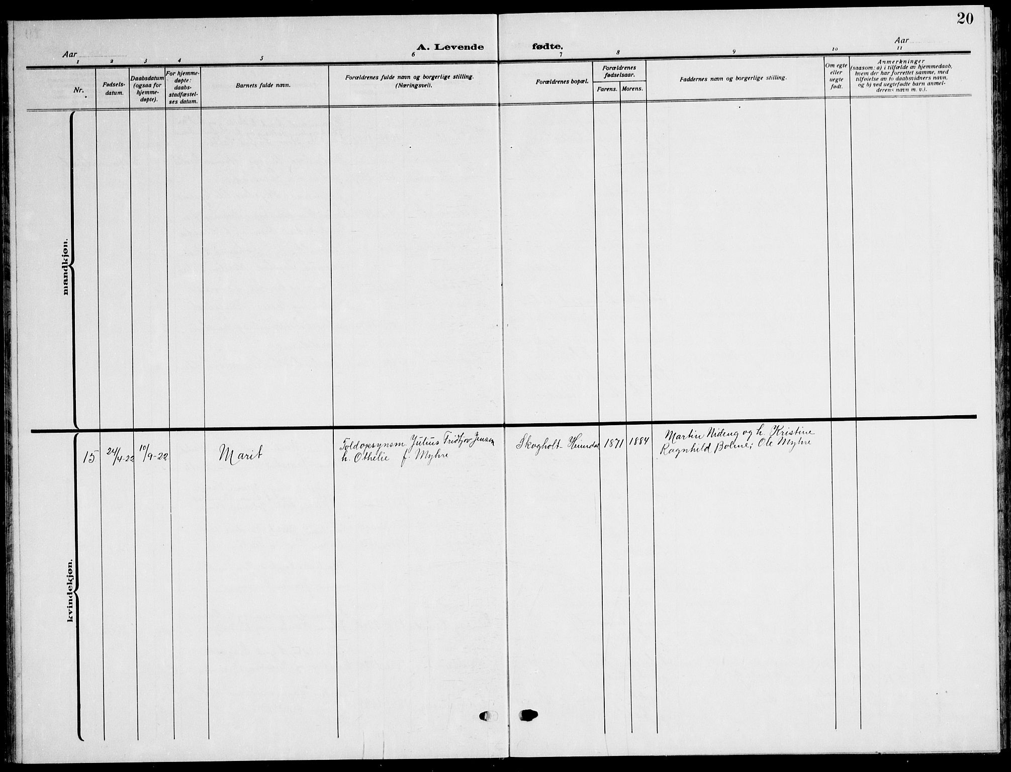 Ministerialprotokoller, klokkerbøker og fødselsregistre - Sør-Trøndelag, SAT/A-1456/621/L0462: Parish register (copy) no. 621C05, 1915-1945, p. 20