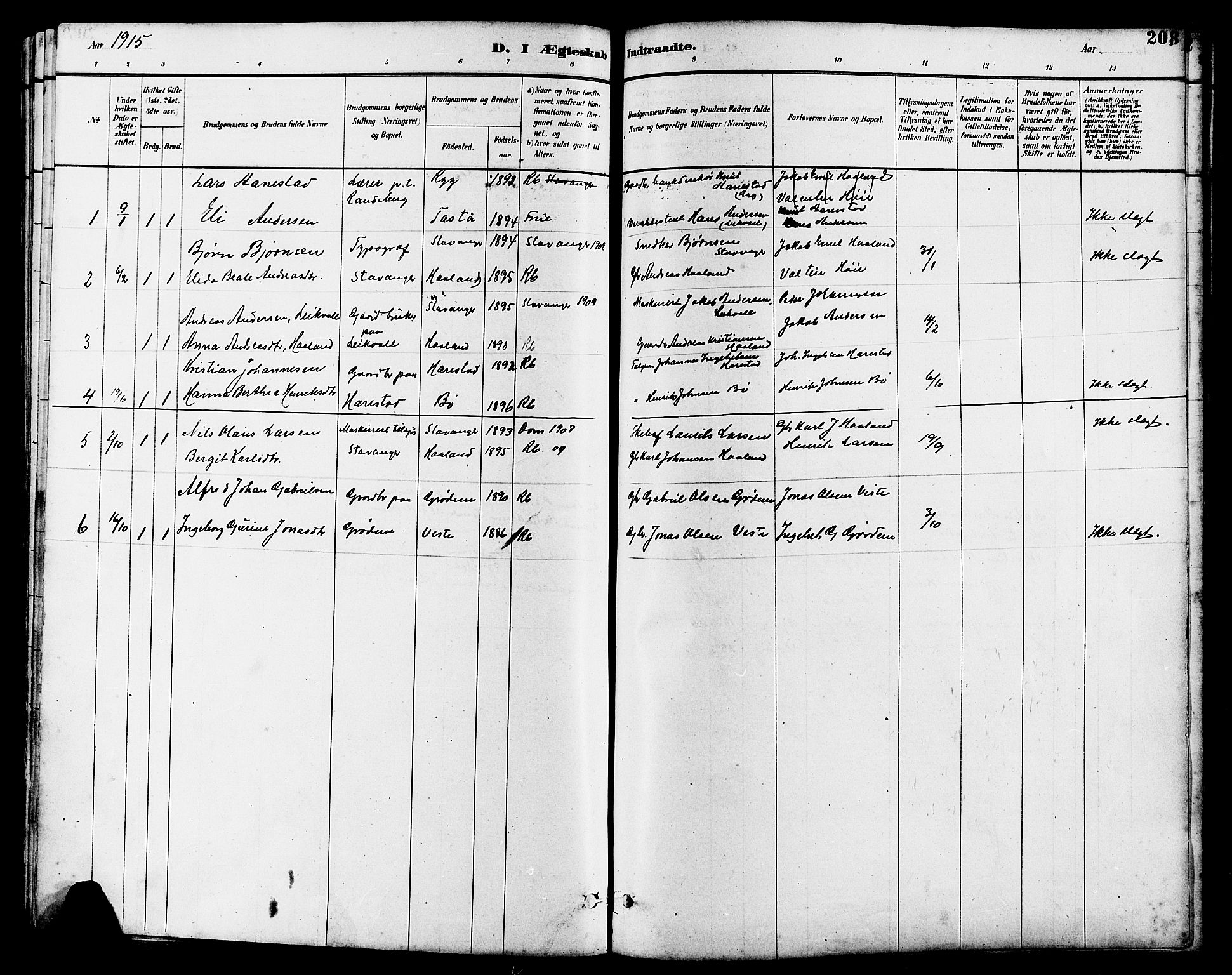 Hetland sokneprestkontor, AV/SAST-A-101826/30/30BB/L0006: Parish register (copy) no. B 6, 1878-1921, p. 208