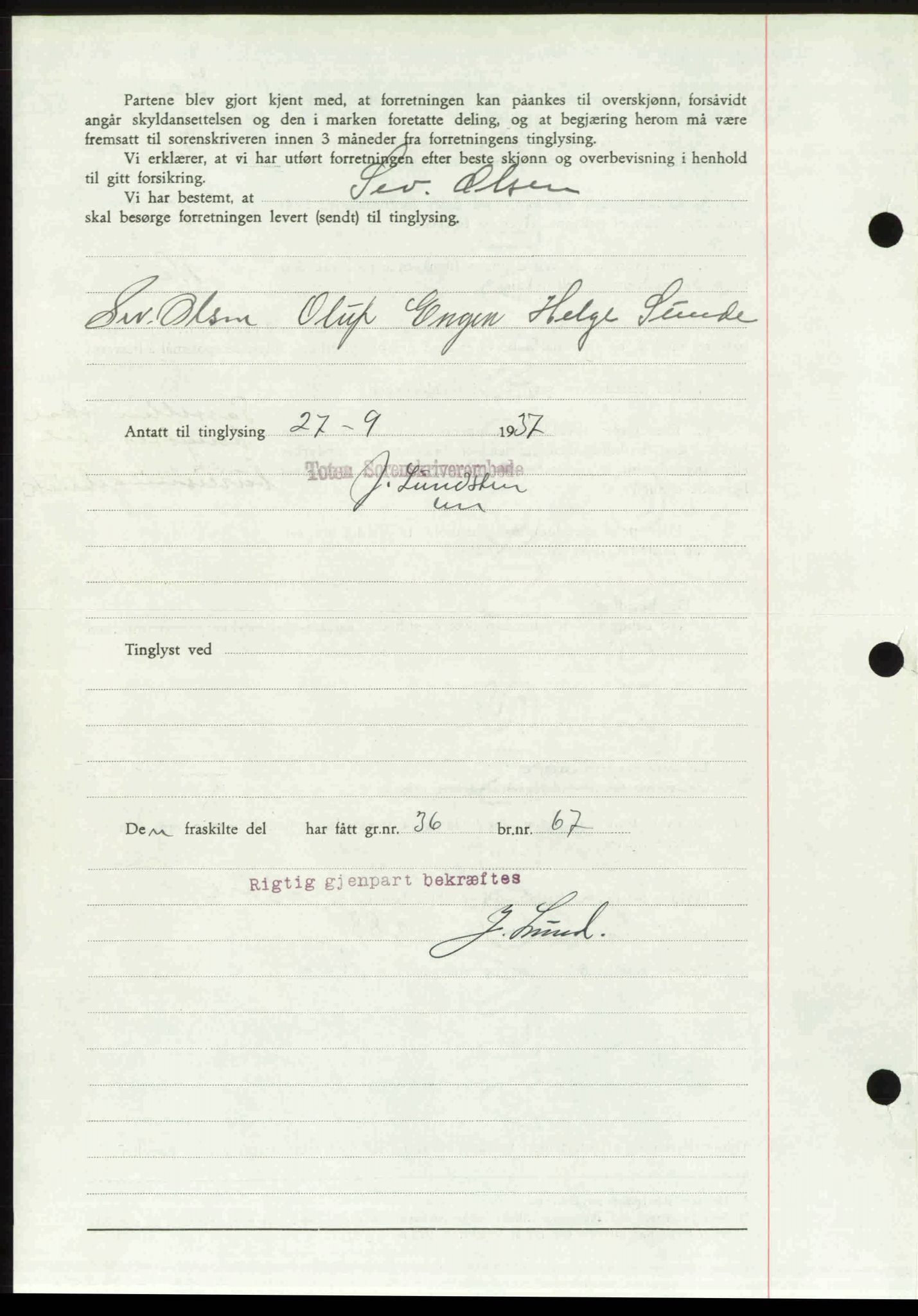 Toten tingrett, SAH/TING-006/H/Hb/Hbc/L0003: Mortgage book no. Hbc-03, 1937-1938, Diary no: : 2243/1937