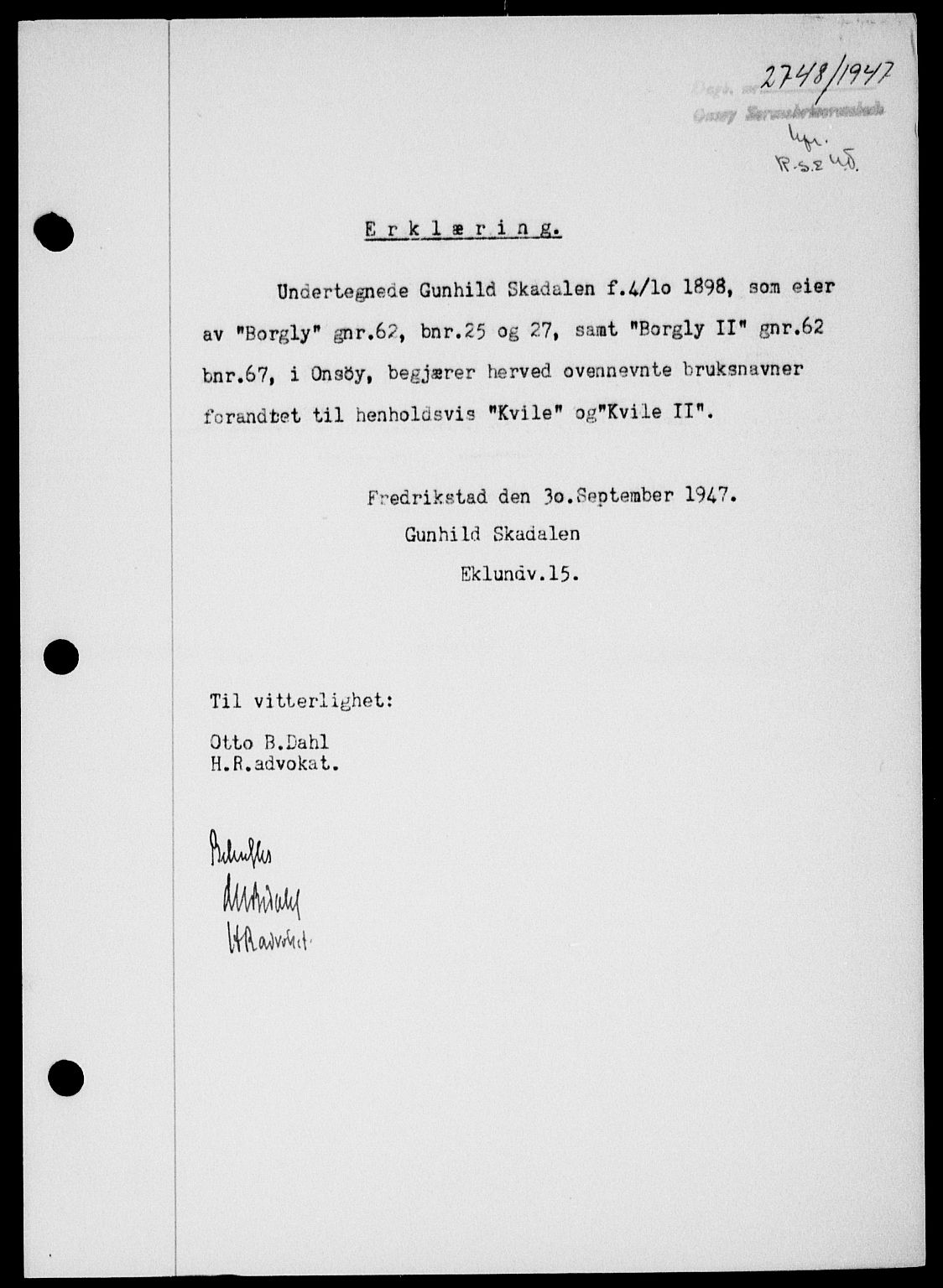 Onsøy sorenskriveri, SAO/A-10474/G/Ga/Gab/L0021: Mortgage book no. II A-21, 1947-1947, Diary no: : 2748/1947