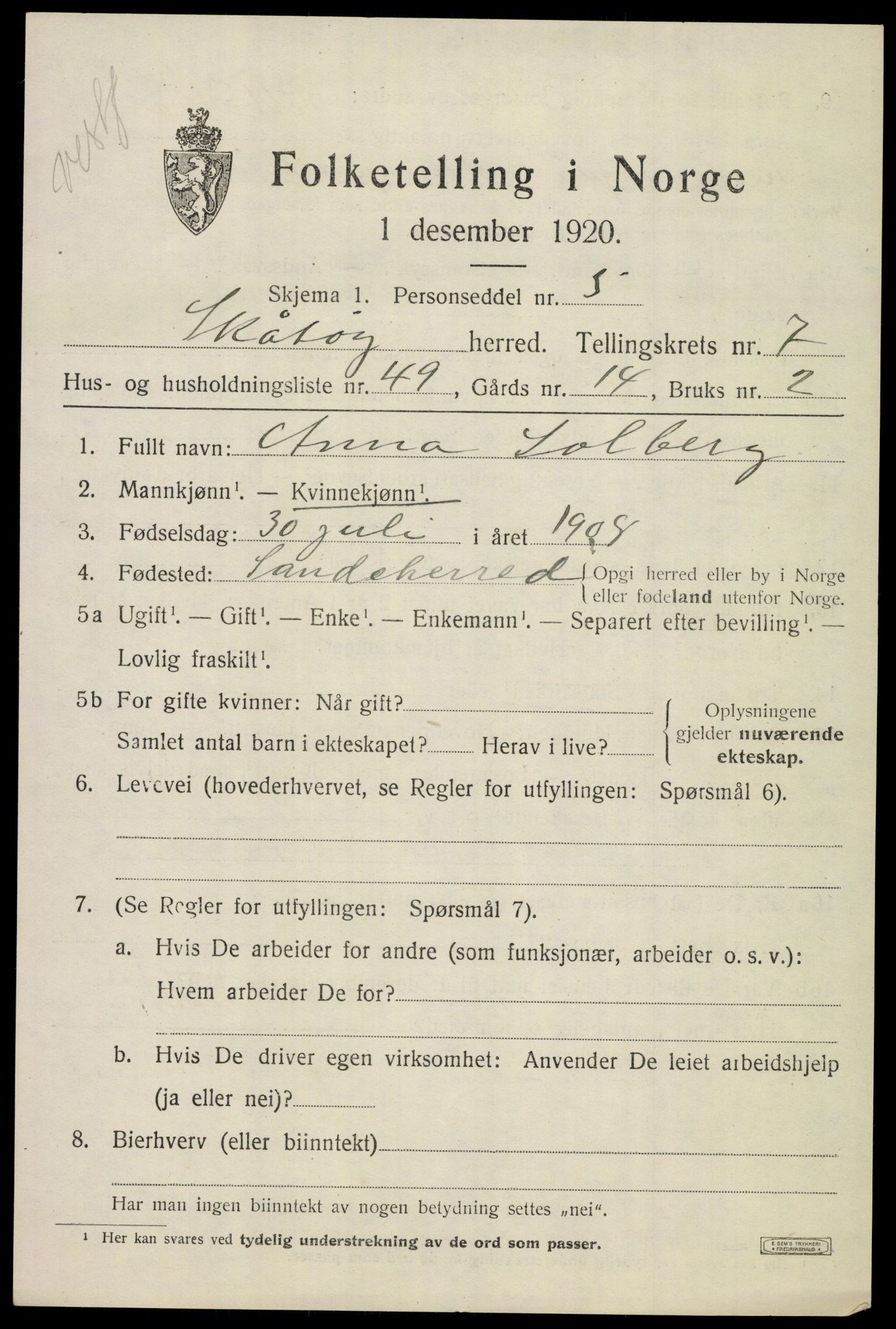 SAKO, 1920 census for Skåtøy, 1920, p. 5848