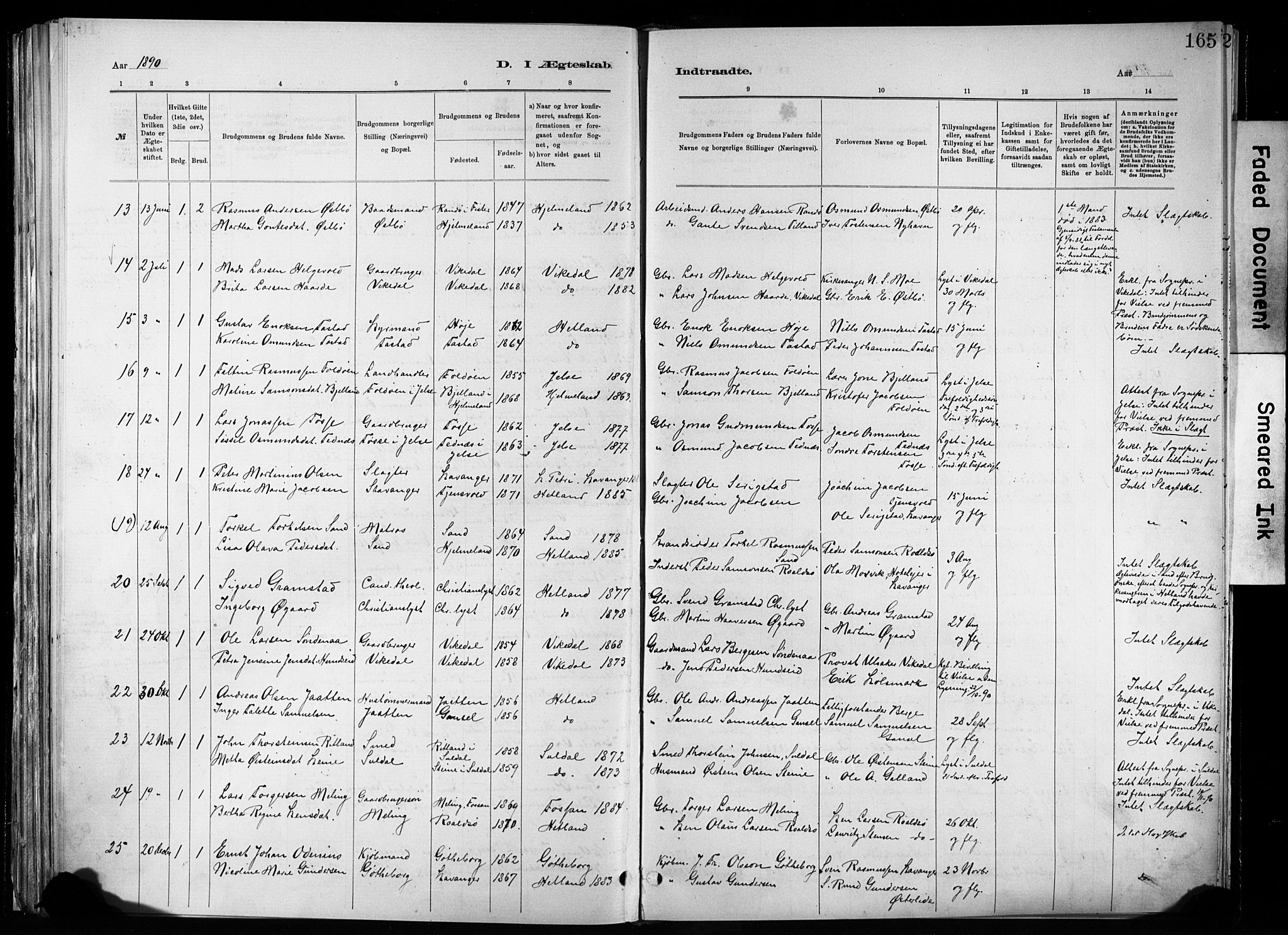 Hetland sokneprestkontor, SAST/A-101826/30/30BA/L0011: Parish register (official) no. A 11, 1884-1911, p. 165