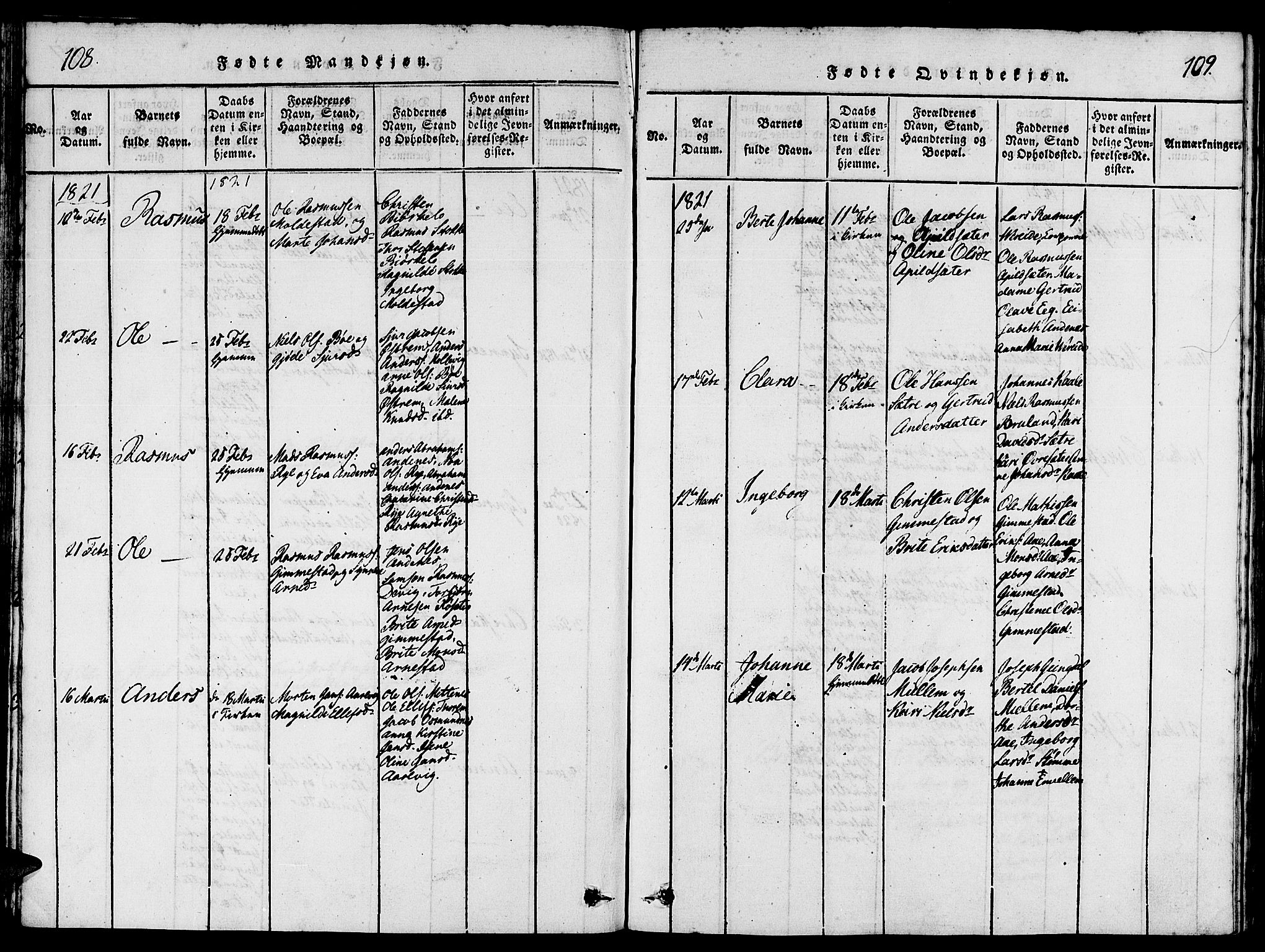 Gloppen sokneprestembete, AV/SAB-A-80101/H/Hab/Haba/L0001: Parish register (copy) no. A 1, 1816-1827, p. 108-109