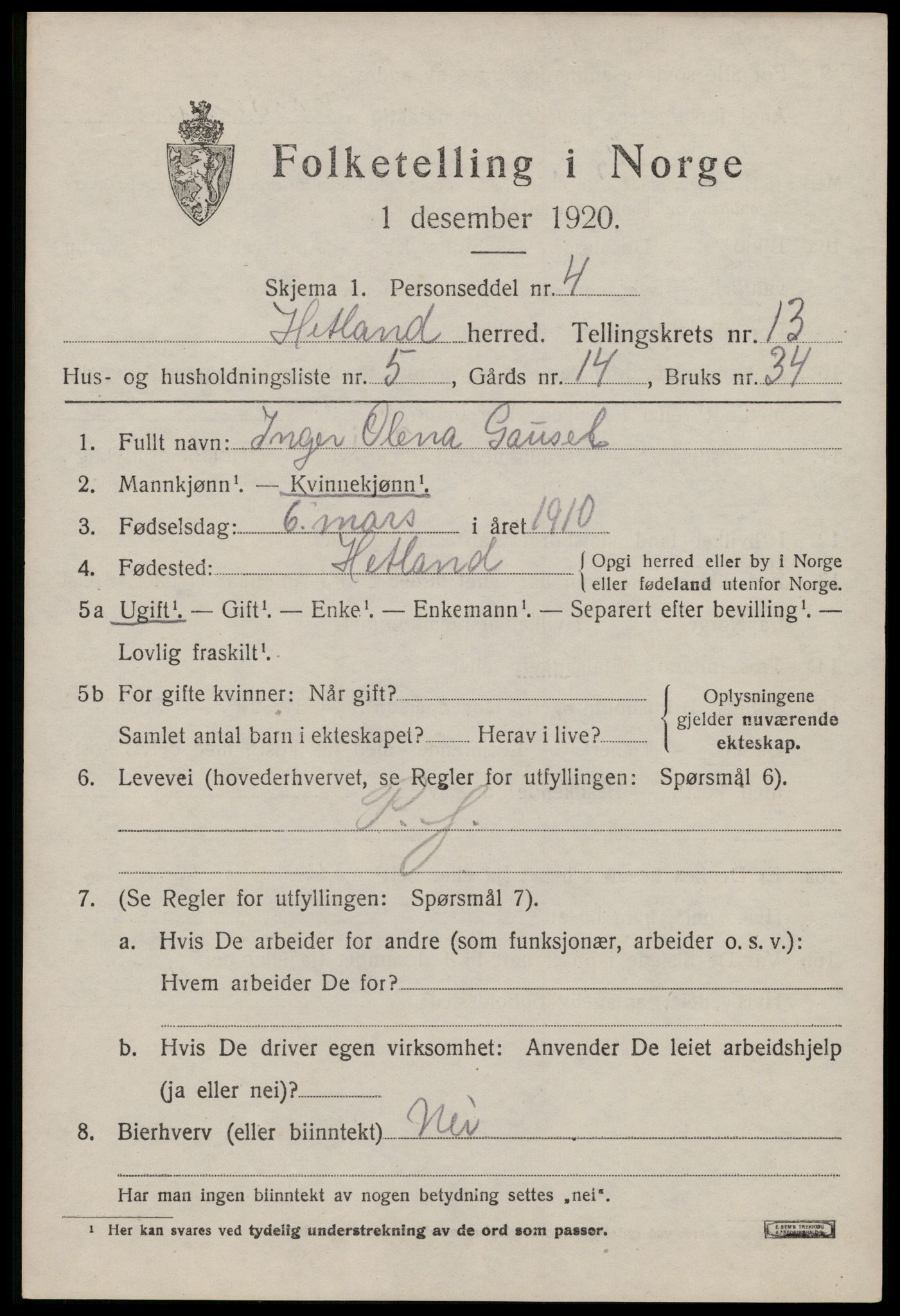 SAST, 1920 census for Hetland, 1920, p. 21693