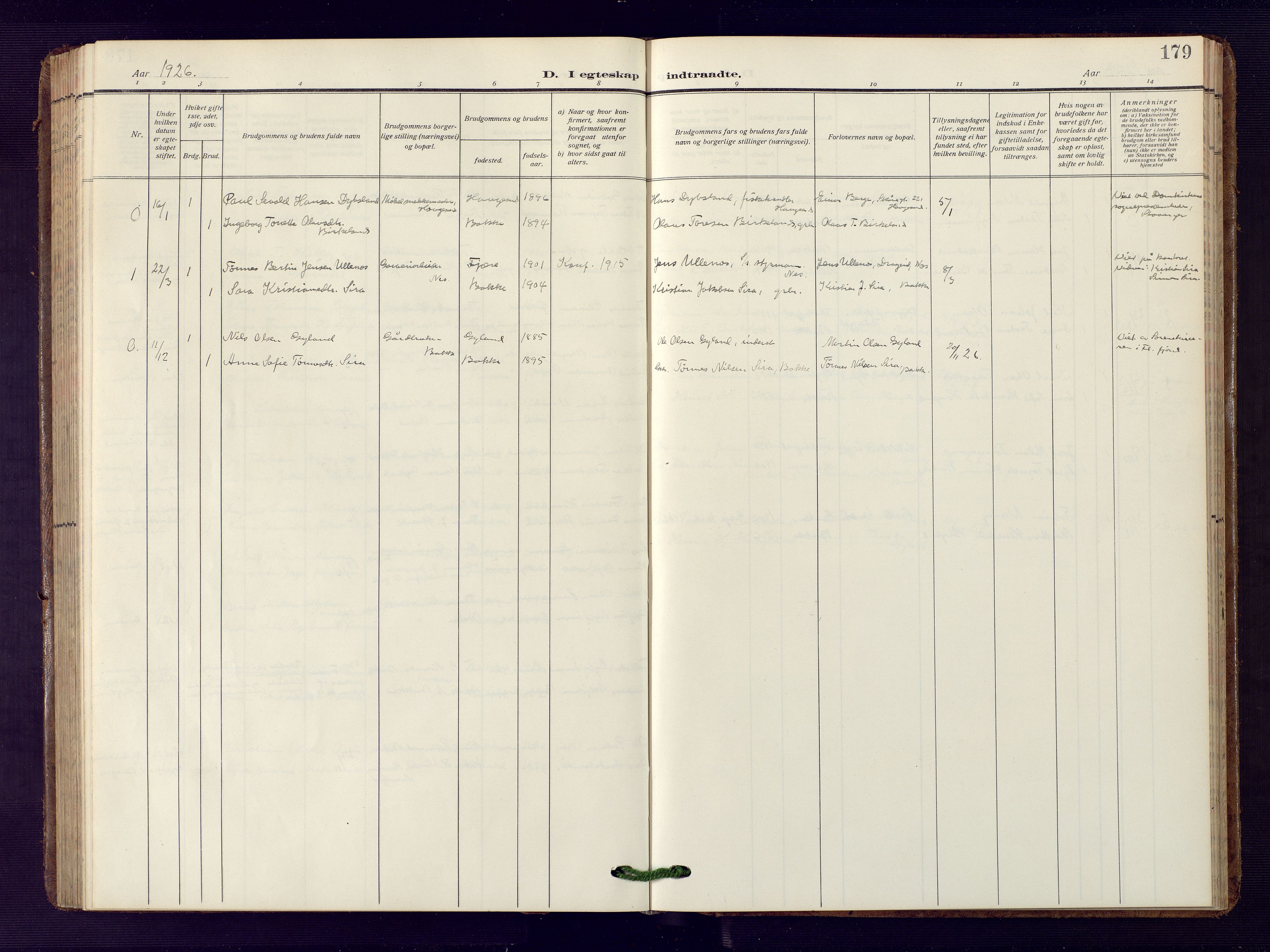 Bakke sokneprestkontor, SAK/1111-0002/F/Fb/Fba/L0004: Parish register (copy) no. B 4, 1911-1946, p. 179
