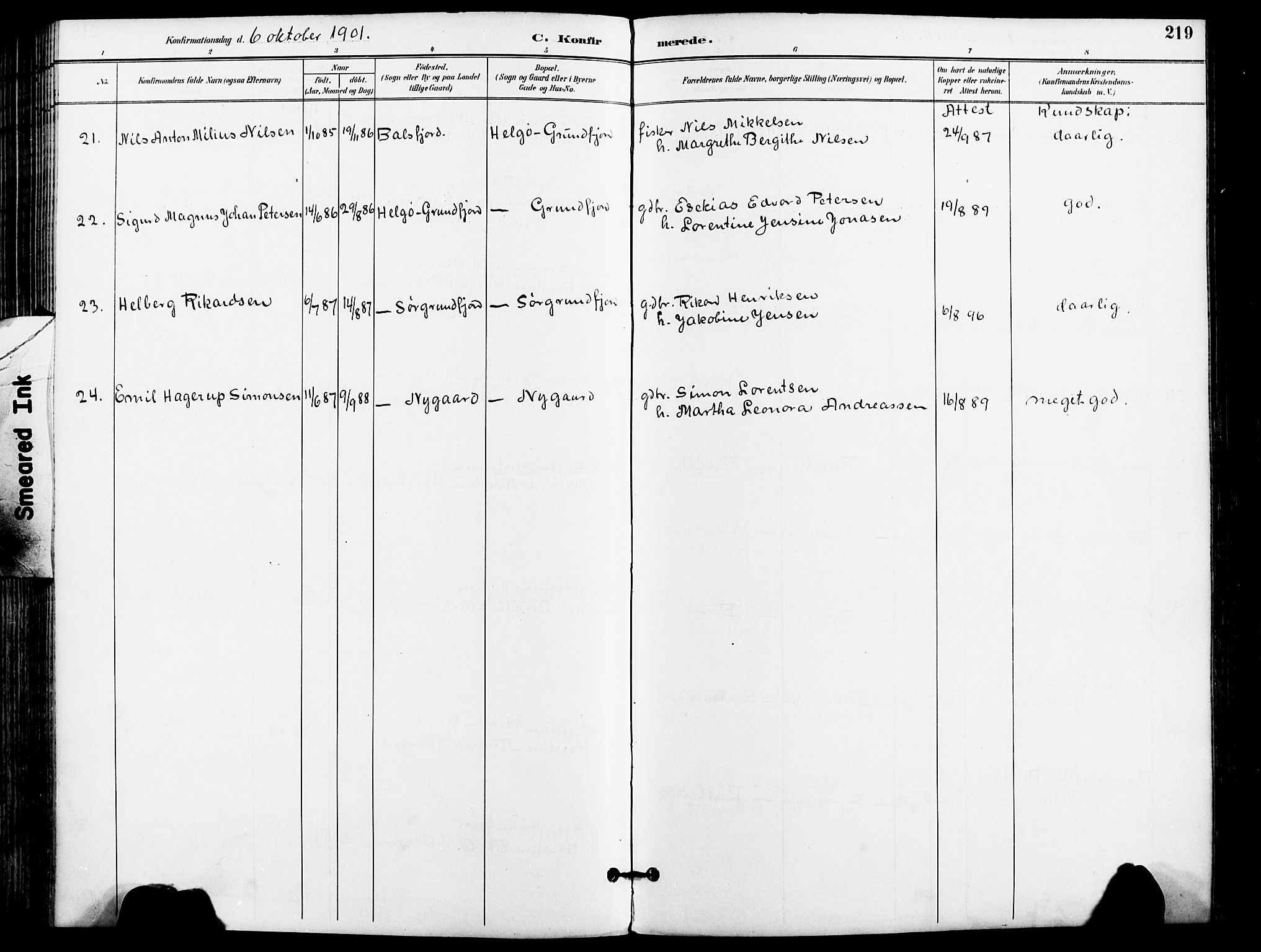 Karlsøy sokneprestembete, SATØ/S-1299/H/Ha/Haa/L0007kirke: Parish register (official) no. 7, 1891-1902, p. 219