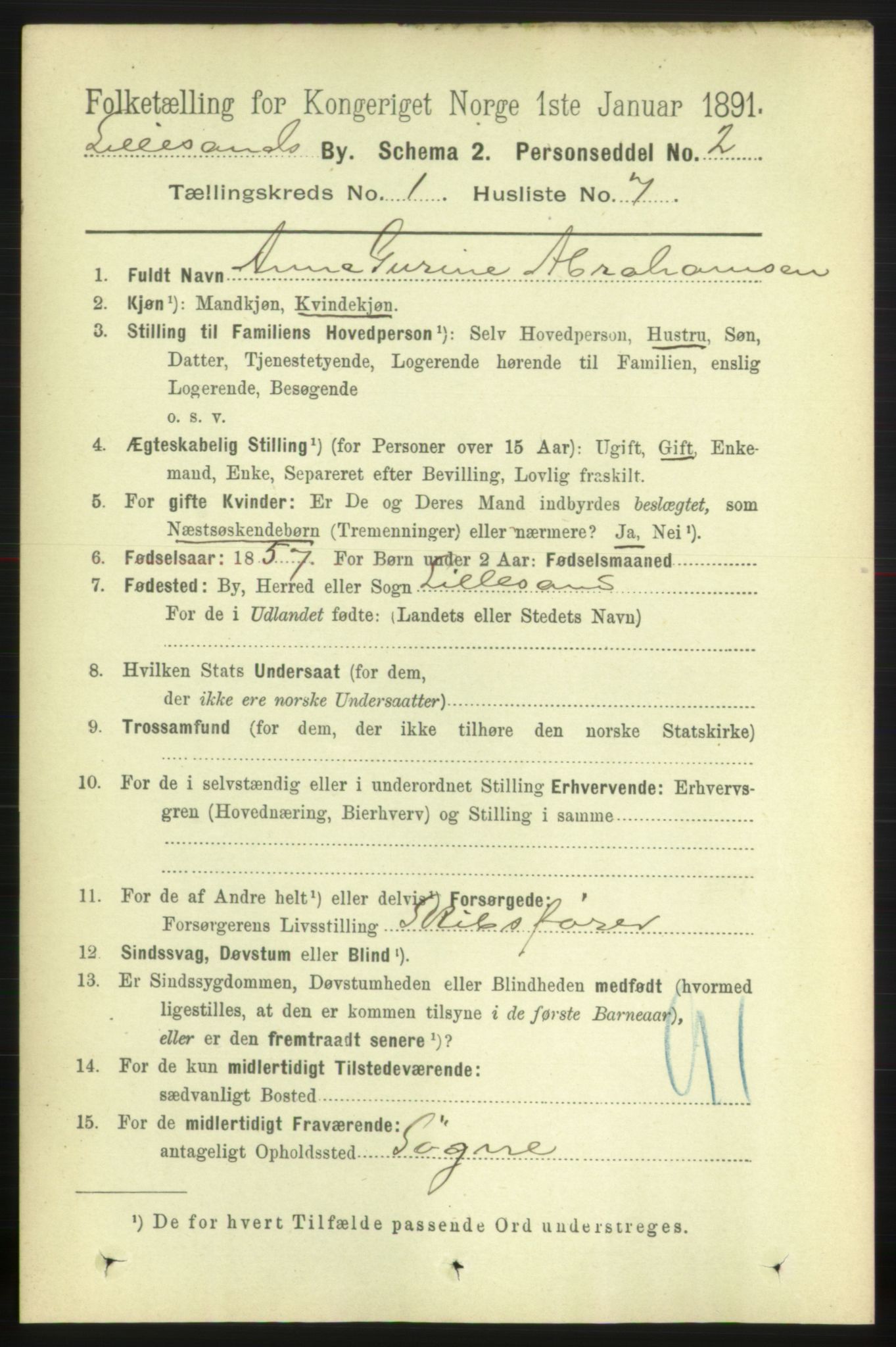 RA, 1891 census for 0905 Lillesand, 1891, p. 54