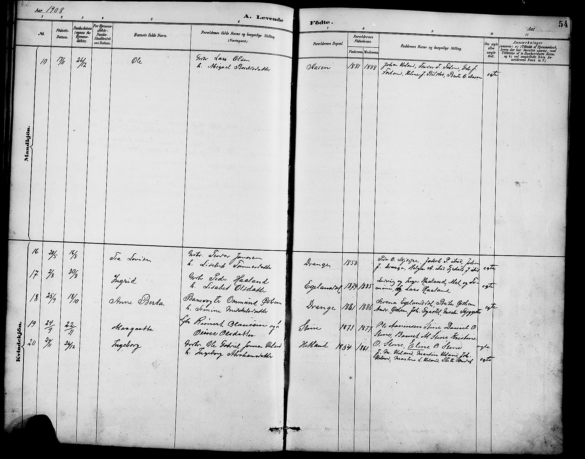 Lund sokneprestkontor, AV/SAST-A-101809/S07/L0007: Parish register (copy) no. B 7, 1890-1925, p. 54