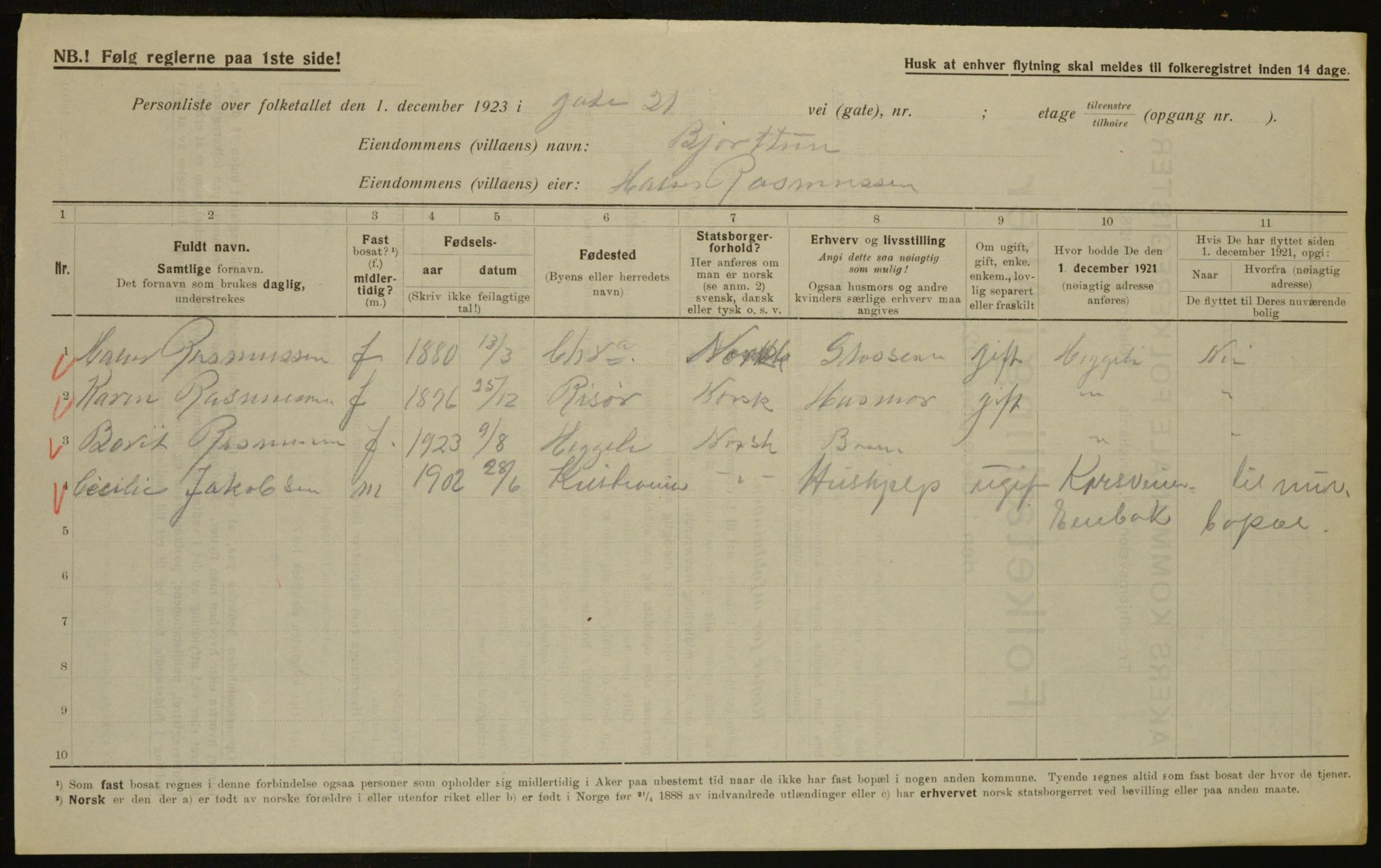 , Municipal Census 1923 for Aker, 1923, p. 6222