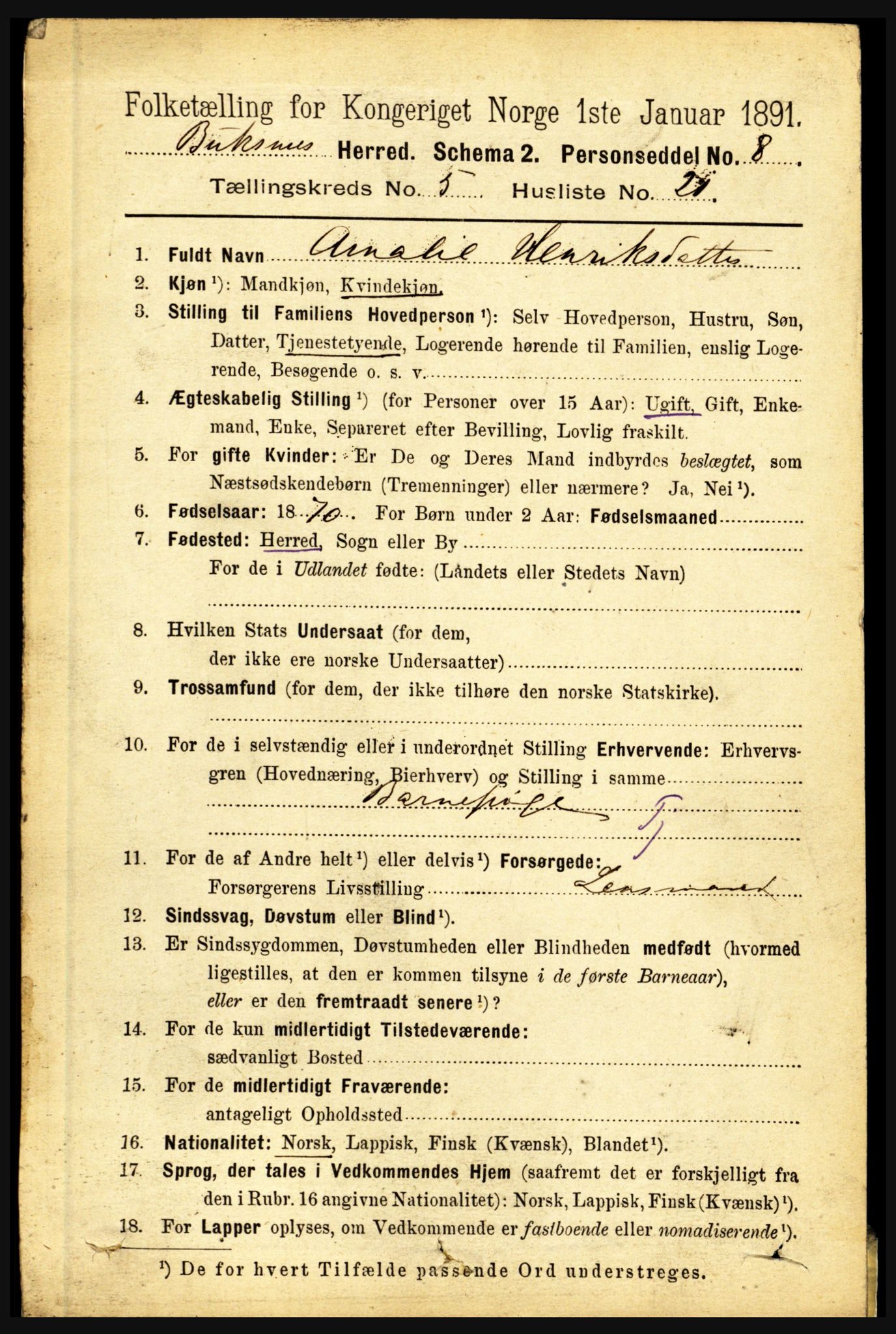 RA, 1891 census for 1860 Buksnes, 1891, p. 4004