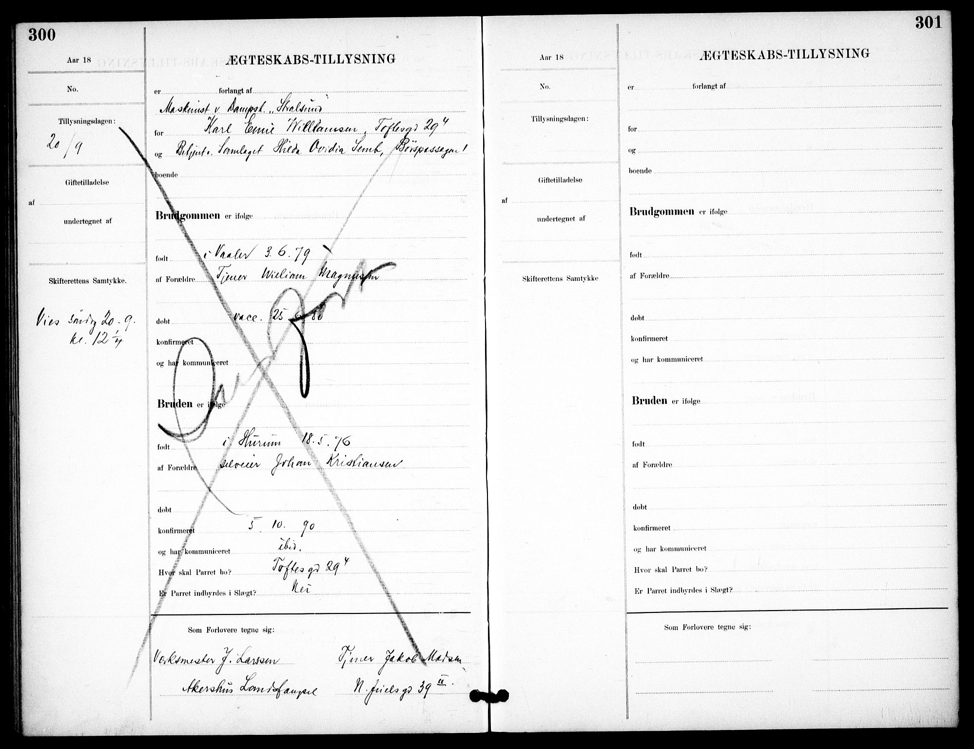 Garnisonsmenigheten Kirkebøker, AV/SAO-A-10846/H/Ha/L0008: Banns register no. I 8, 1894-1908, p. 300-301