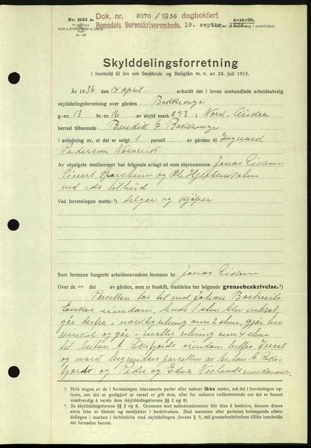 Romsdal sorenskriveri, AV/SAT-A-4149/1/2/2C: Mortgage book no. A2, 1936-1937, Diary no: : 2070/1936