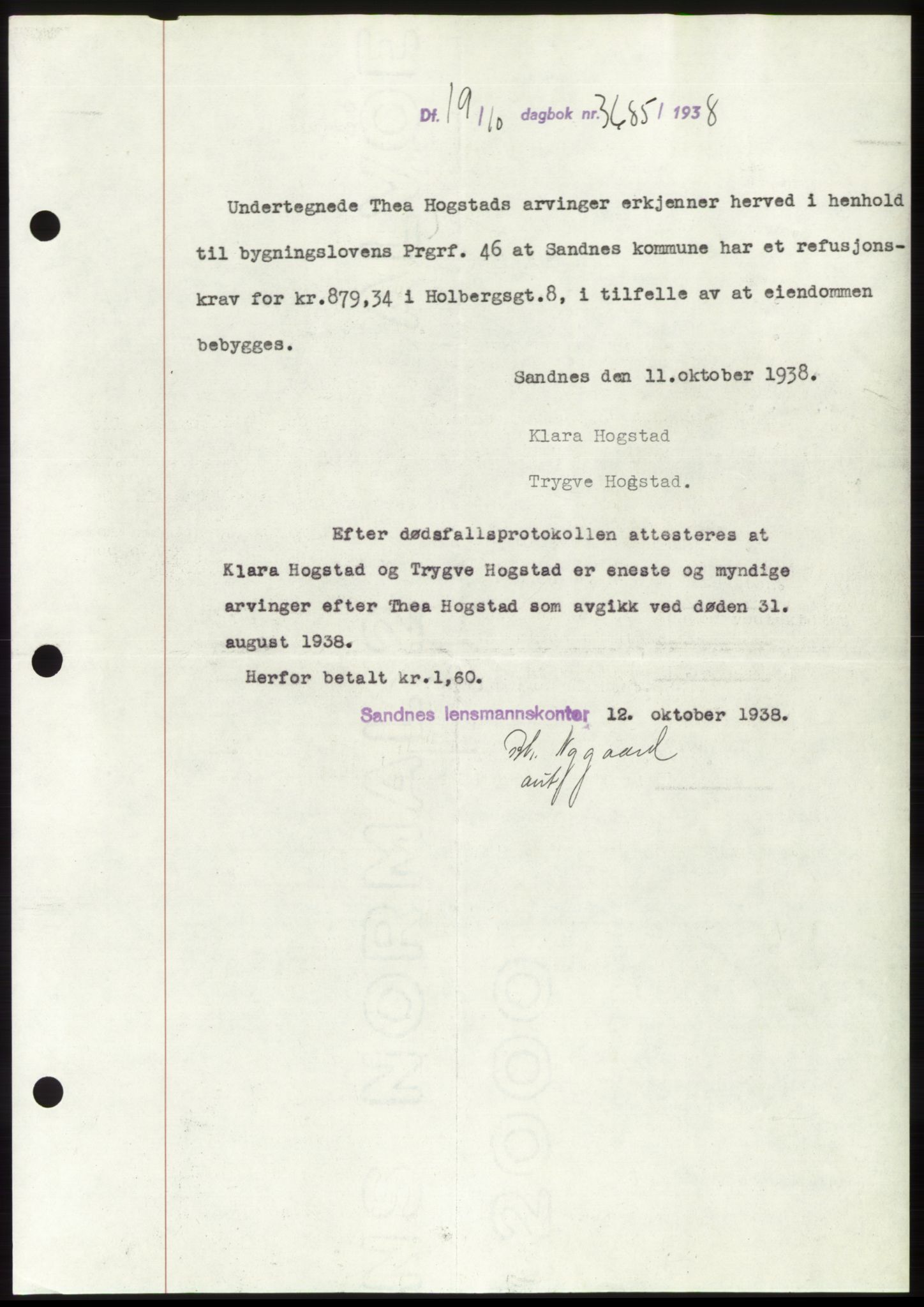 Jæren sorenskriveri, SAST/A-100310/03/G/Gba/L0072: Mortgage book, 1938-1938, Diary no: : 3685/1938