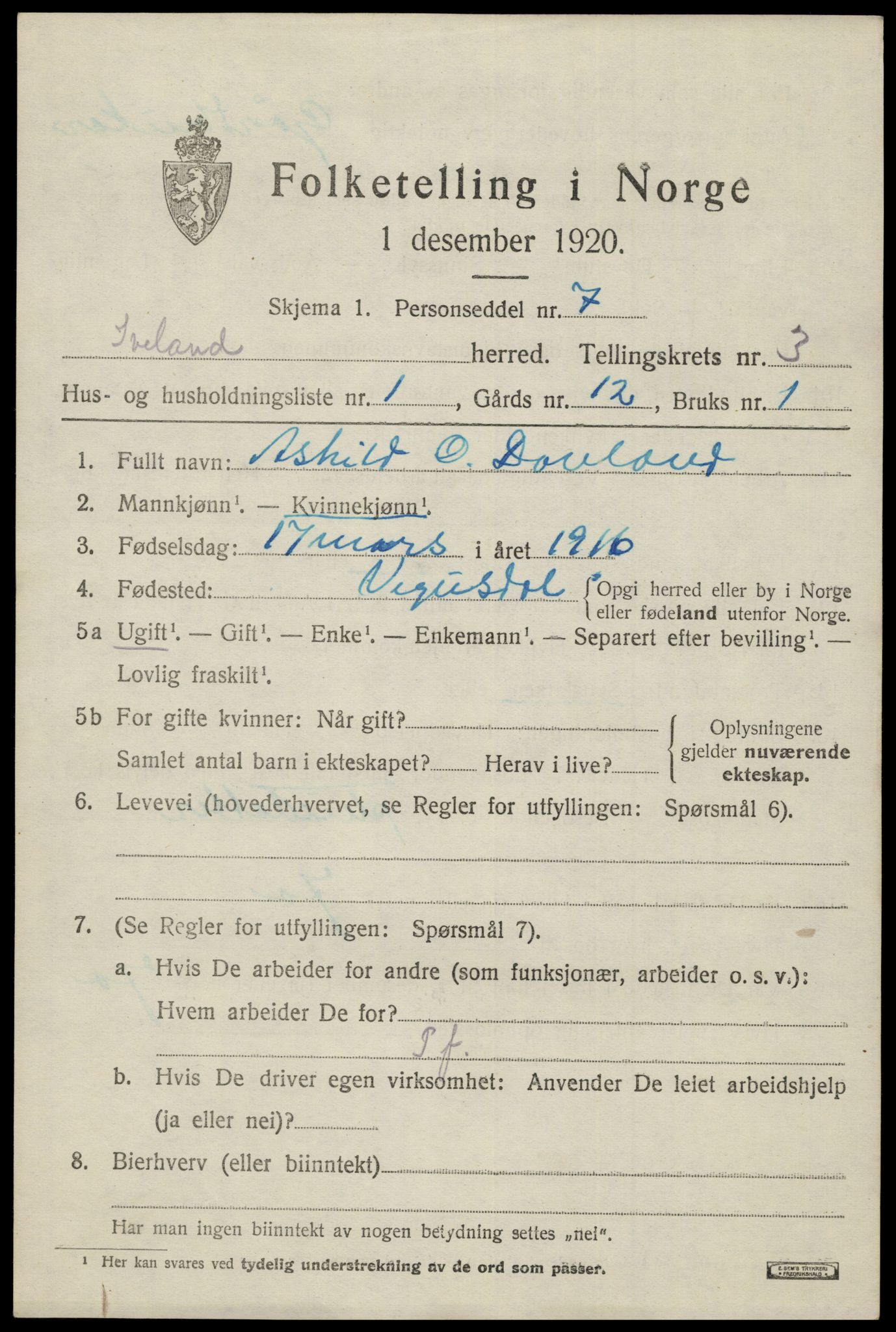 SAK, 1920 census for Iveland, 1920, p. 945