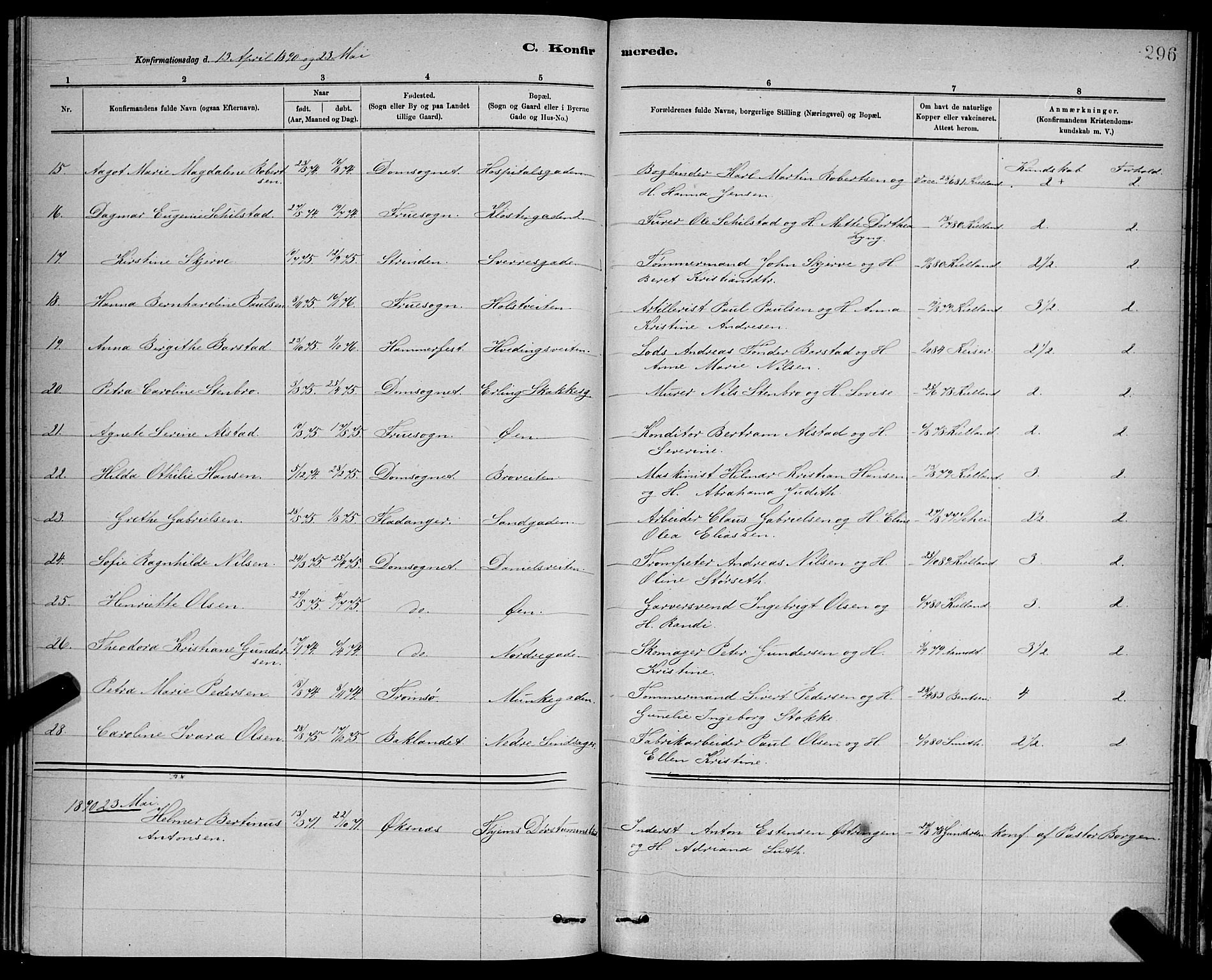 Ministerialprotokoller, klokkerbøker og fødselsregistre - Sør-Trøndelag, AV/SAT-A-1456/601/L0092: Parish register (copy) no. 601C10, 1884-1897, p. 296