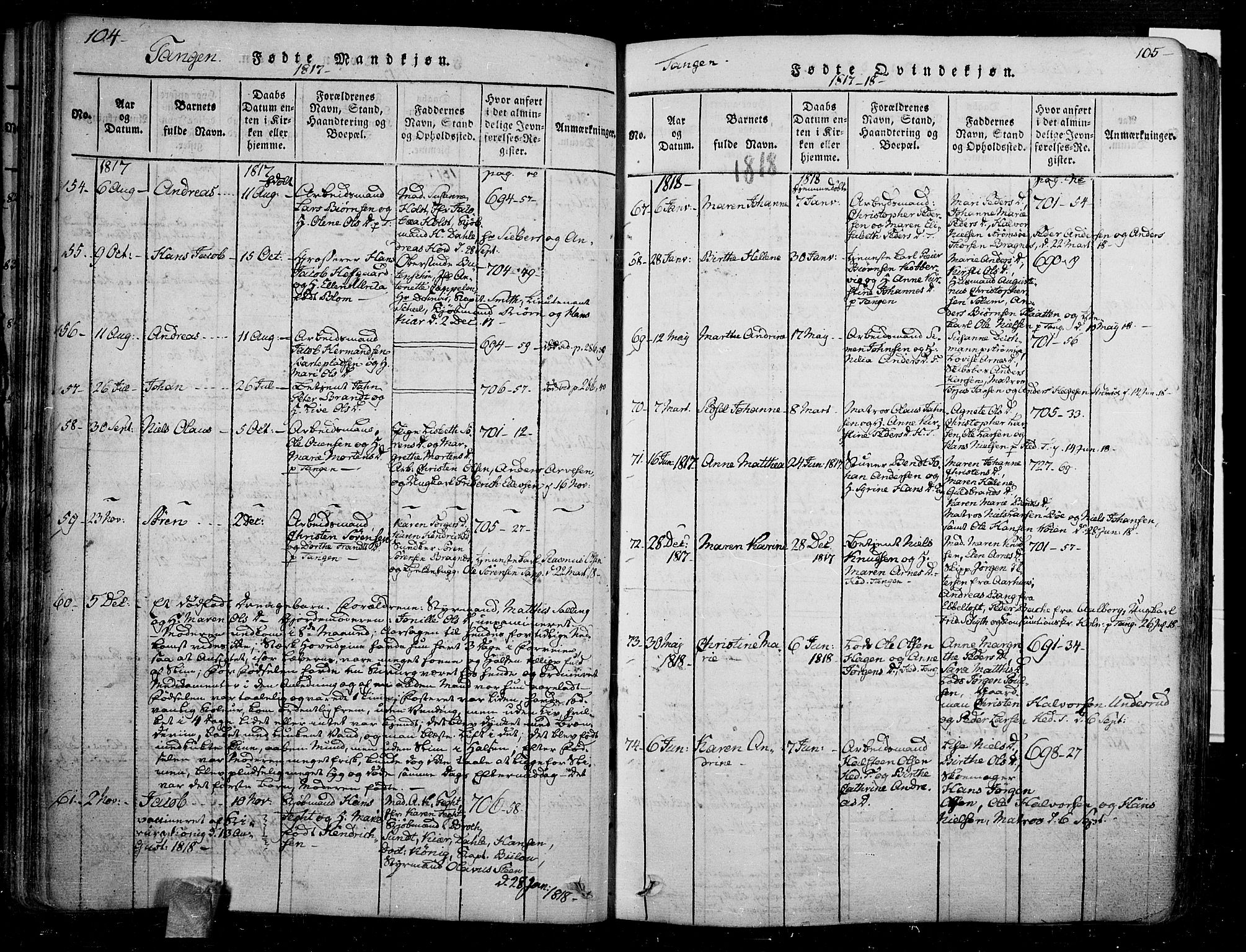 Skoger kirkebøker, AV/SAKO-A-59/F/Fa/L0002: Parish register (official) no. I 2 /2, 1814-1842, p. 104-105