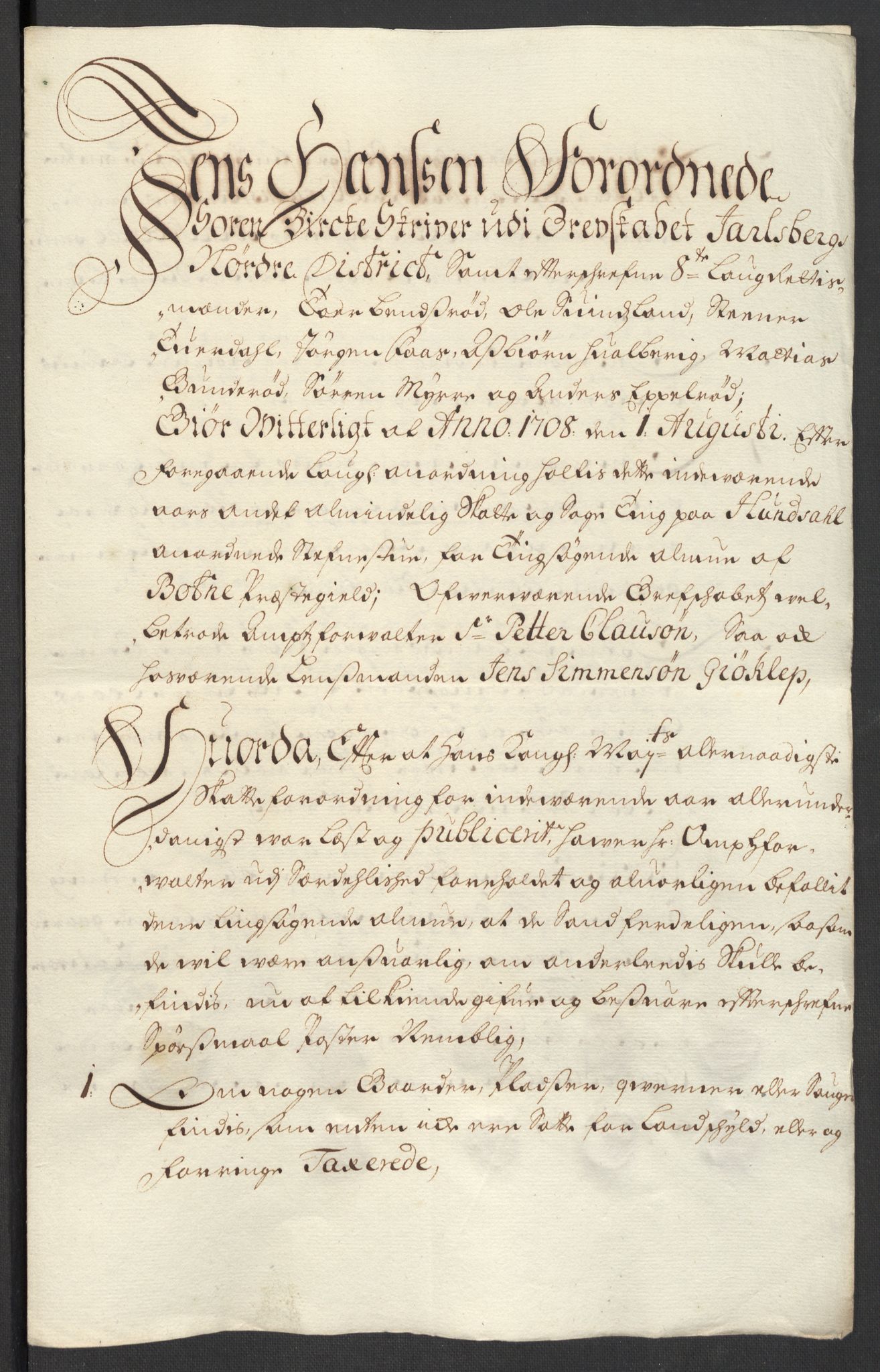 Rentekammeret inntil 1814, Reviderte regnskaper, Fogderegnskap, RA/EA-4092/R32/L1873: Fogderegnskap Jarlsberg grevskap, 1708, p. 133