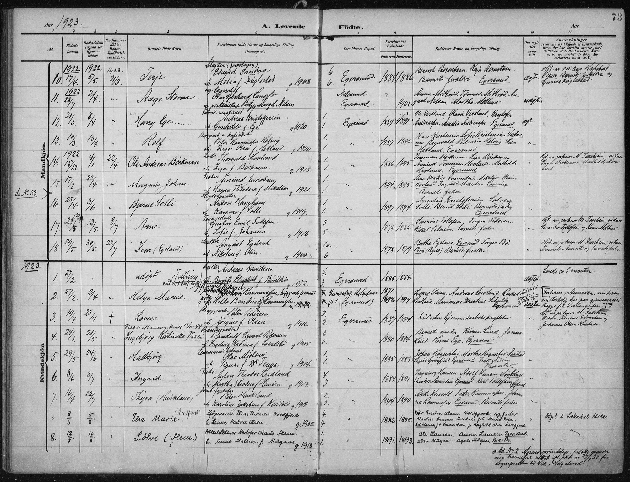 Eigersund sokneprestkontor, SAST/A-101807/S08/L0022: Parish register (official) no. A 21, 1905-1928, p. 73