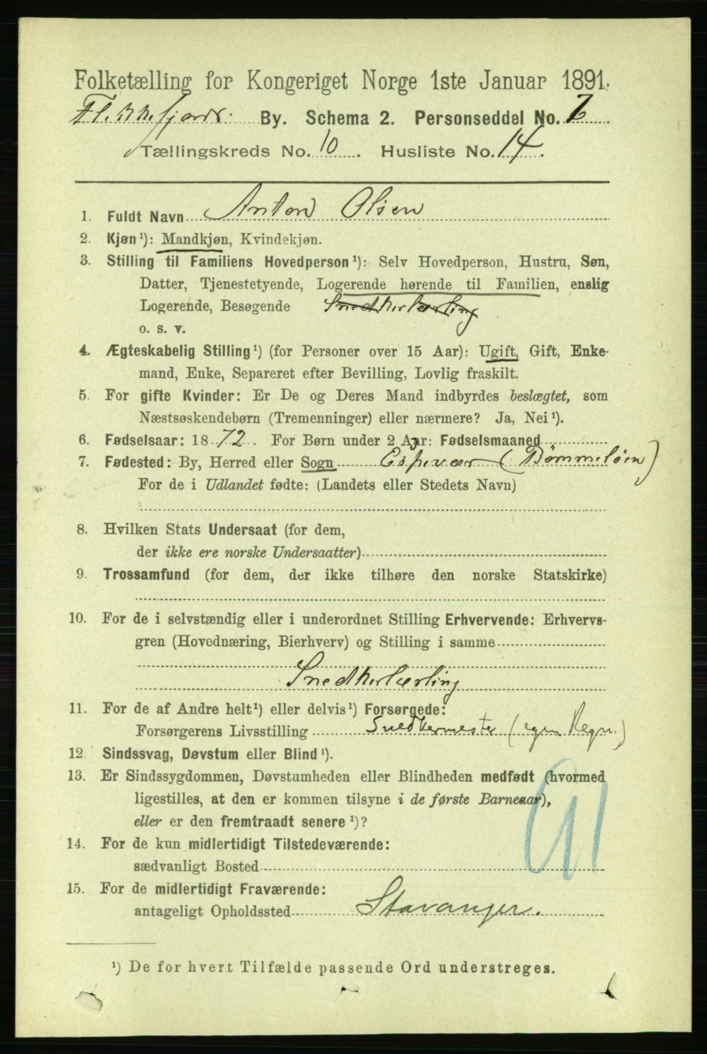 RA, 1891 census for 1004 Flekkefjord, 1891, p. 1619