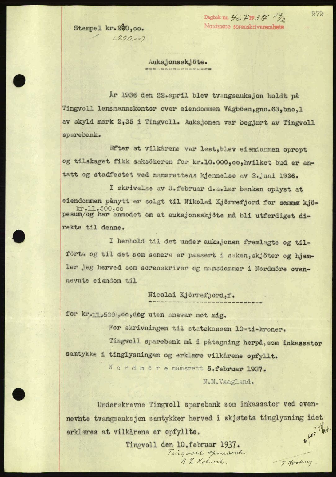 Nordmøre sorenskriveri, AV/SAT-A-4132/1/2/2Ca: Mortgage book no. A80, 1936-1937, Diary no: : 467/1937