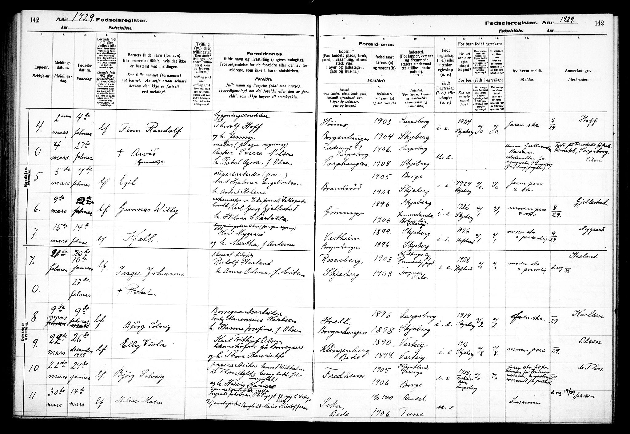 Skjeberg prestekontor Kirkebøker, AV/SAO-A-10923/J/Jd/L0001: Birth register no. IV 1, 1916-1935, p. 142