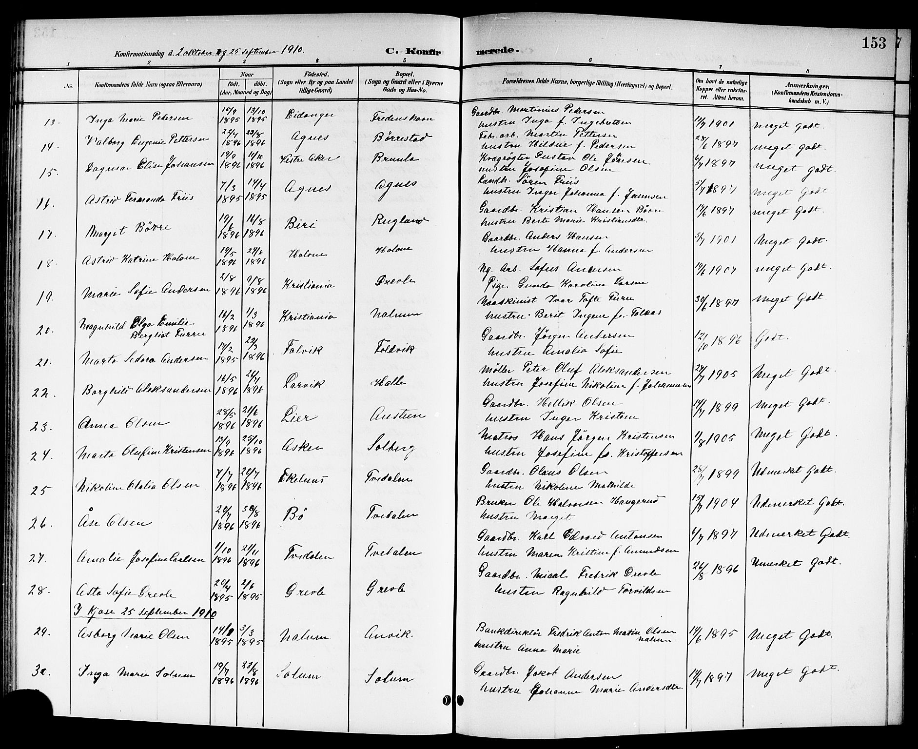 Brunlanes kirkebøker, SAKO/A-342/G/Ga/L0004: Parish register (copy) no. I 4, 1898-1921, p. 153