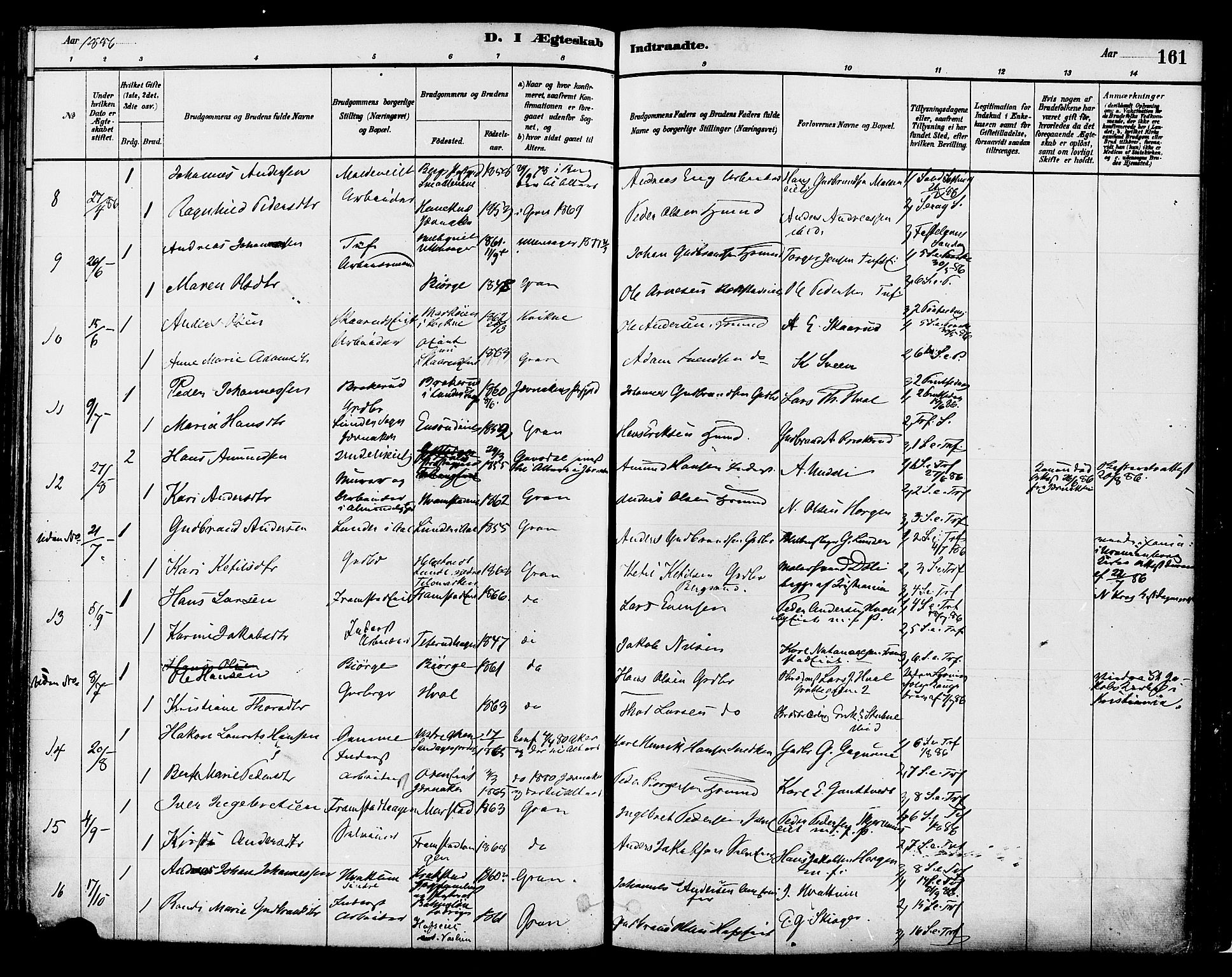 Gran prestekontor, SAH/PREST-112/H/Ha/Haa/L0014: Parish register (official) no. 14, 1880-1889, p. 161