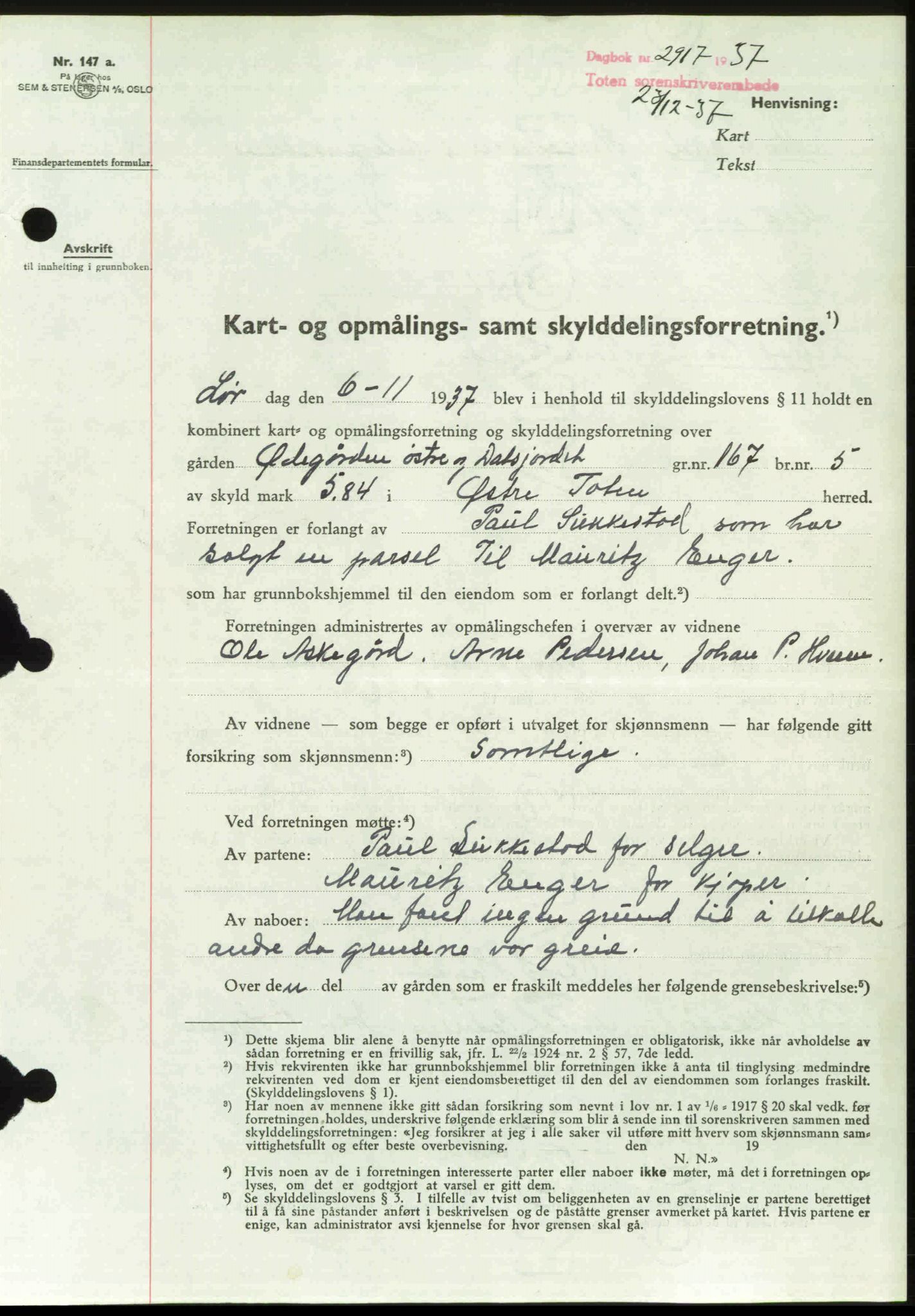 Toten tingrett, SAH/TING-006/H/Hb/Hbc/L0003: Mortgage book no. Hbc-03, 1937-1938, Diary no: : 2917/1937