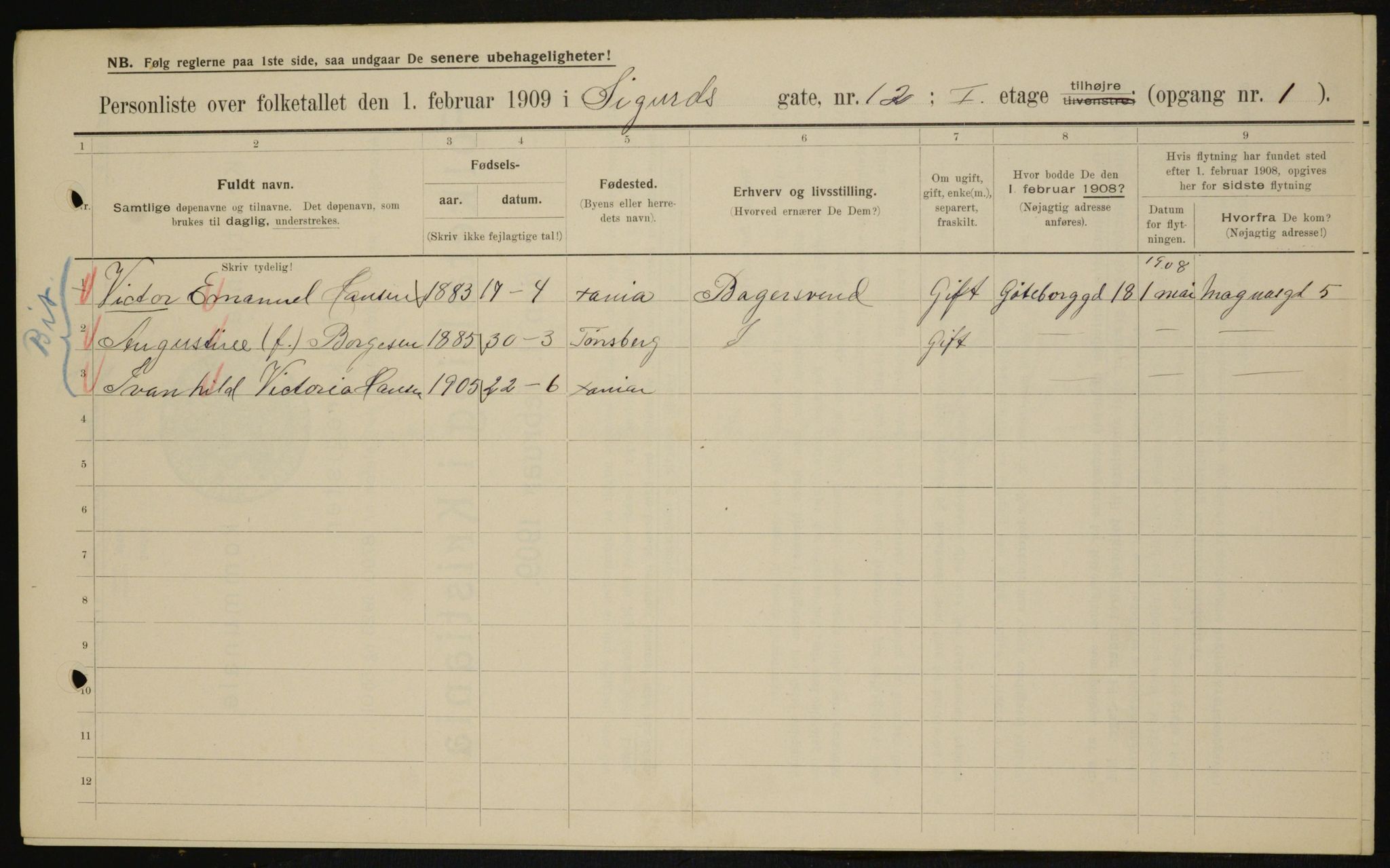 OBA, Municipal Census 1909 for Kristiania, 1909, p. 86309