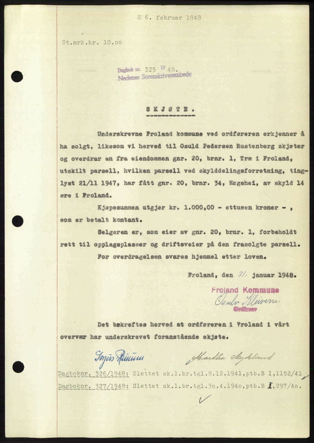 Nedenes sorenskriveri, AV/SAK-1221-0006/G/Gb/Gba/L0058: Mortgage book no. A10, 1947-1948, Diary no: : 325/1948