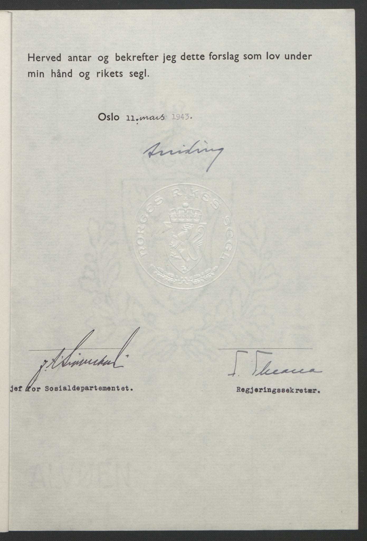 NS-administrasjonen 1940-1945 (Statsrådsekretariatet, de kommisariske statsråder mm), AV/RA-S-4279/D/Db/L0099: Lover, 1943, p. 214