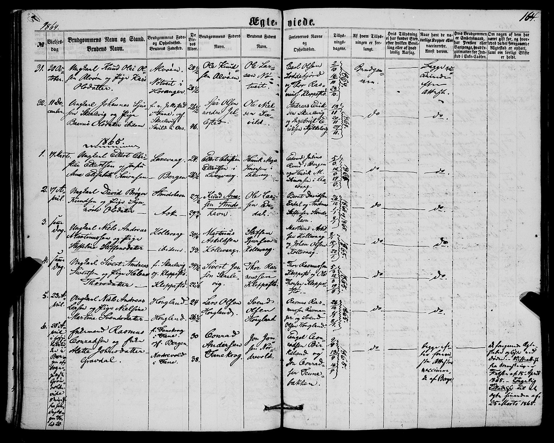 Askøy Sokneprestembete, AV/SAB-A-74101/H/Ha/Haa/Haaa/L0009: Parish register (official) no. A 9, 1863-1877, p. 164