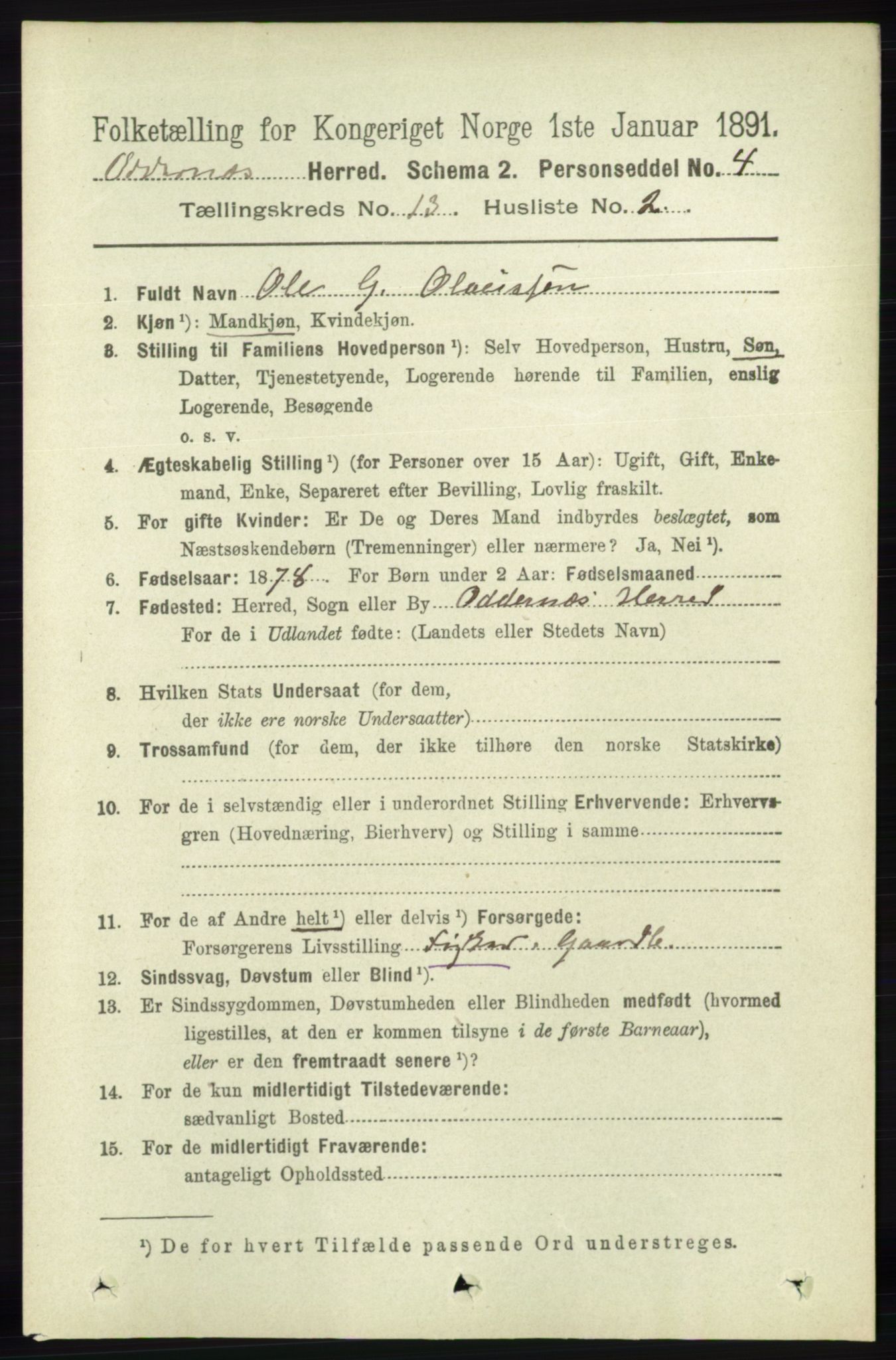 RA, 1891 census for 1012 Oddernes, 1891, p. 4648