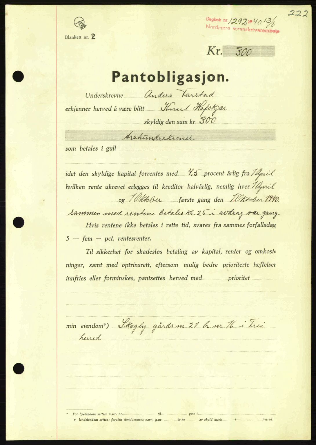 Nordmøre sorenskriveri, AV/SAT-A-4132/1/2/2Ca: Mortgage book no. B87, 1940-1941, Diary no: : 1292/1940