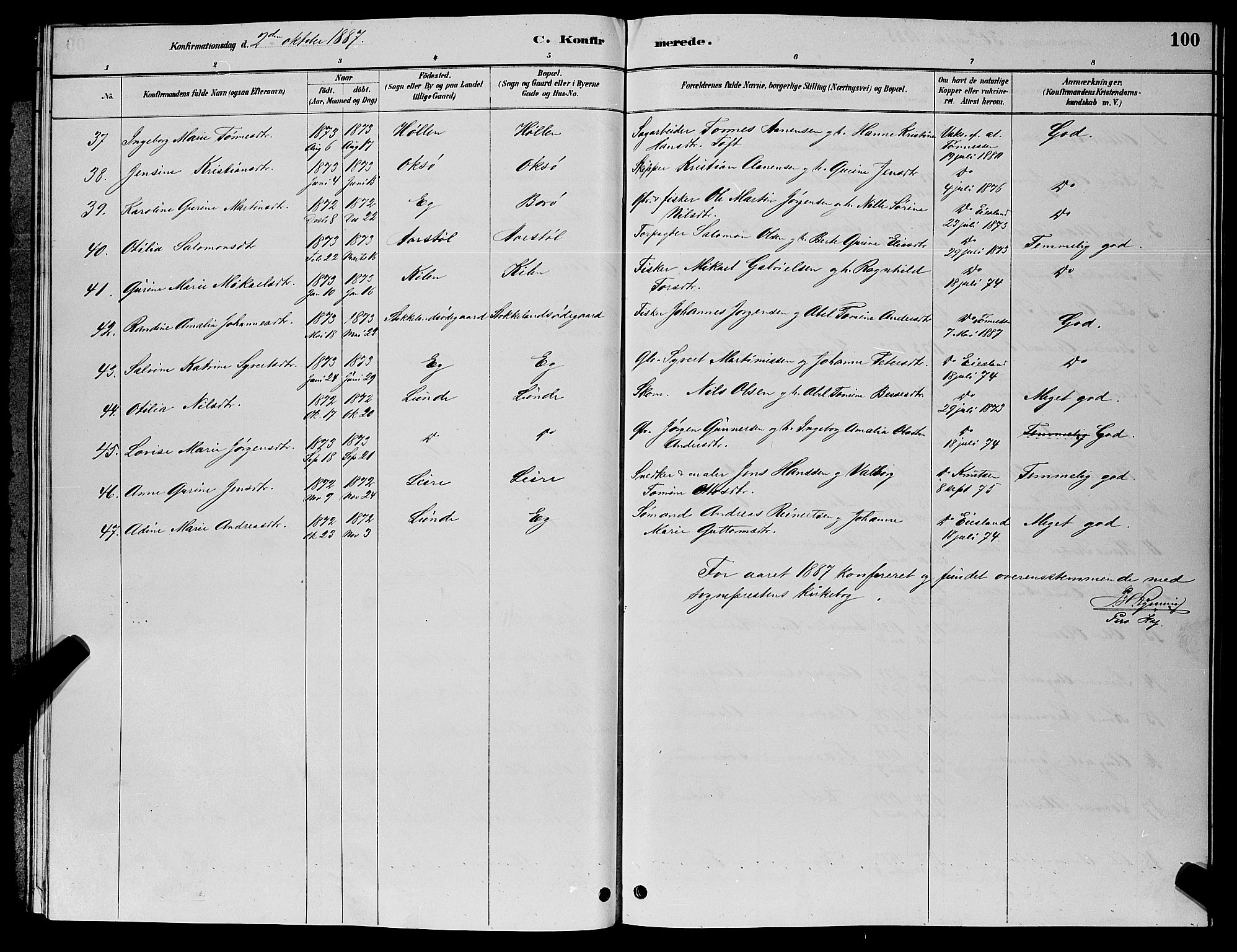 Søgne sokneprestkontor, SAK/1111-0037/F/Fb/Fbb/L0005: Parish register (copy) no. B 5, 1884-1891, p. 100