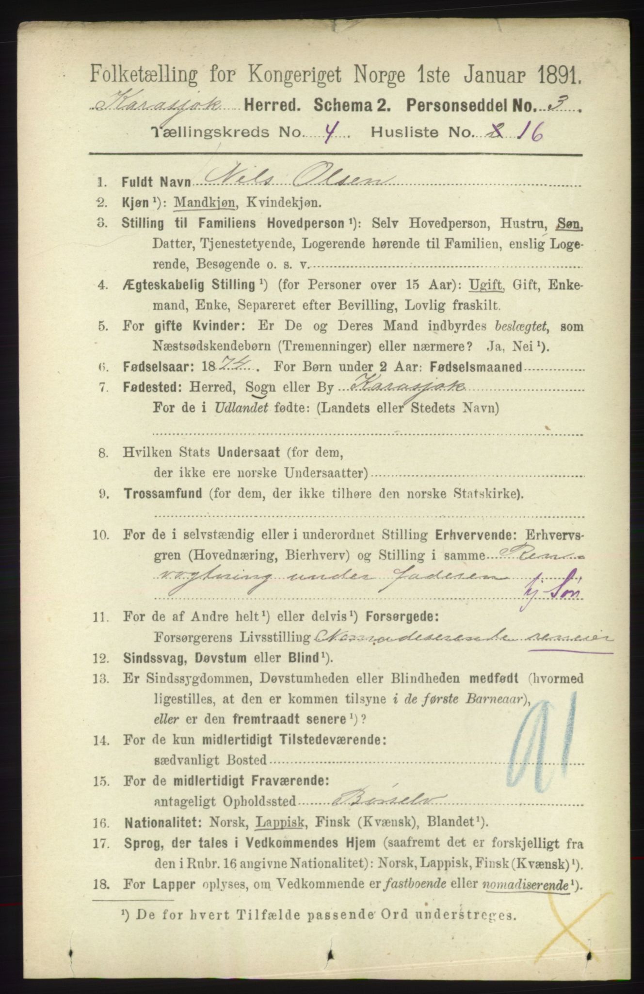 RA, 1891 census for 2021 Karasjok, 1891, p. 794