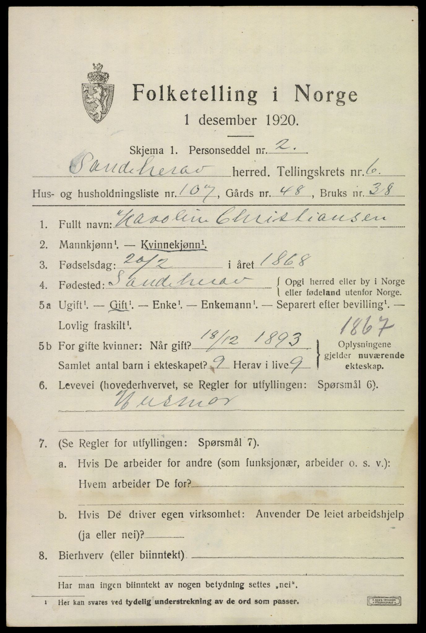 SAKO, 1920 census for Sandeherred, 1920, p. 11034
