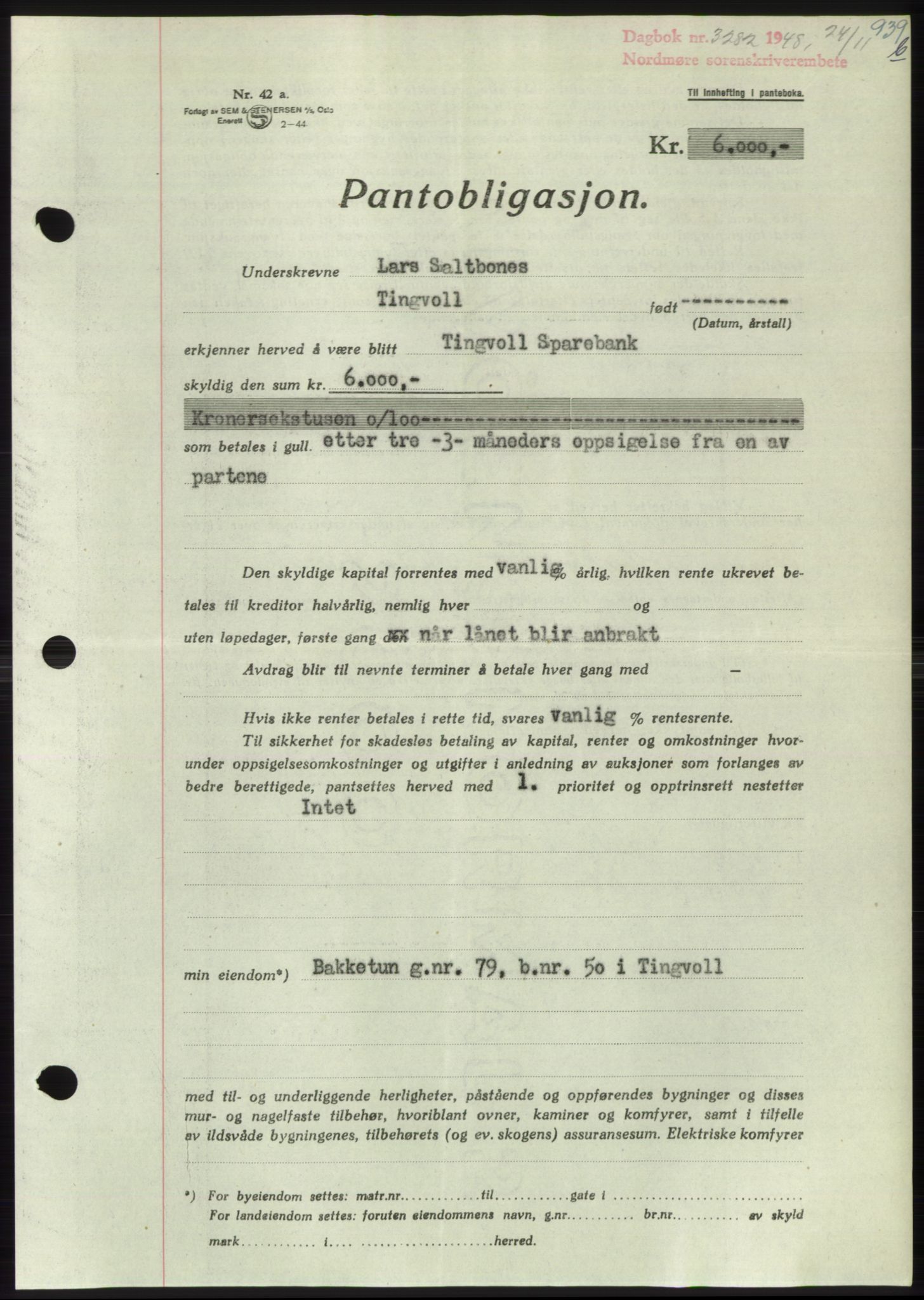 Nordmøre sorenskriveri, AV/SAT-A-4132/1/2/2Ca: Mortgage book no. B100, 1948-1949, Diary no: : 3282/1948