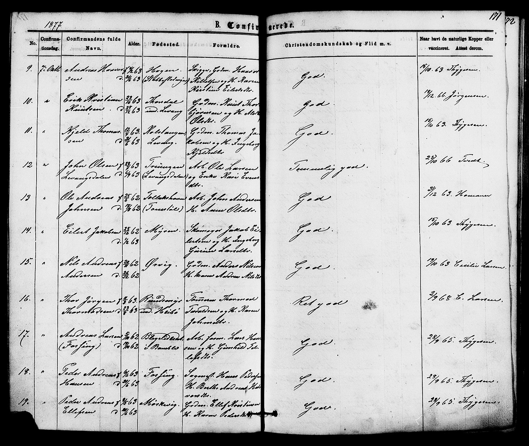 Skåtøy kirkebøker, SAKO/A-304/F/Fa/L0001: Parish register (official) no. I 1, 1874-1883, p. 171