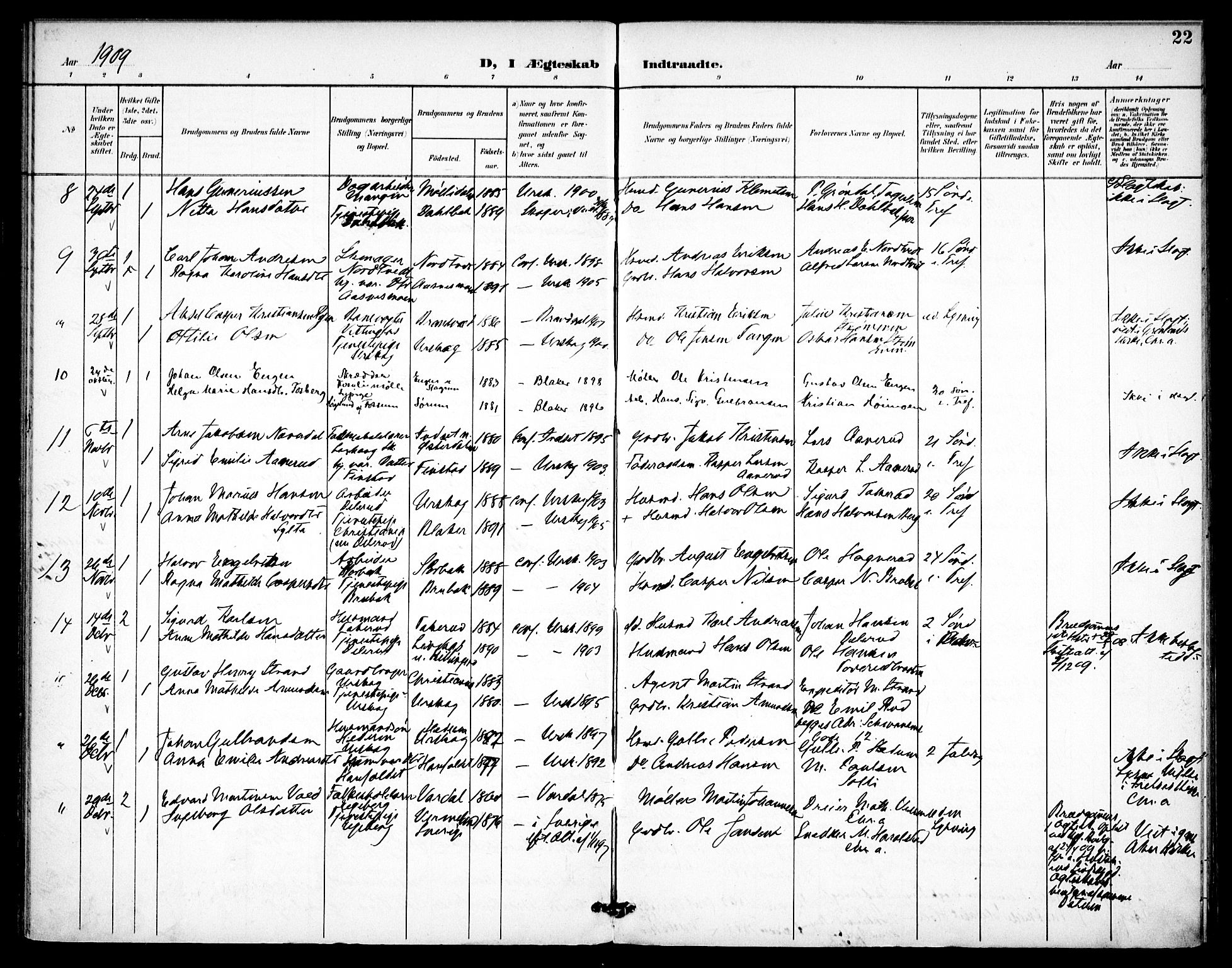 Aurskog prestekontor Kirkebøker, SAO/A-10304a/F/Fa/L0013: Parish register (official) no. I 13, 1900-1910, p. 22