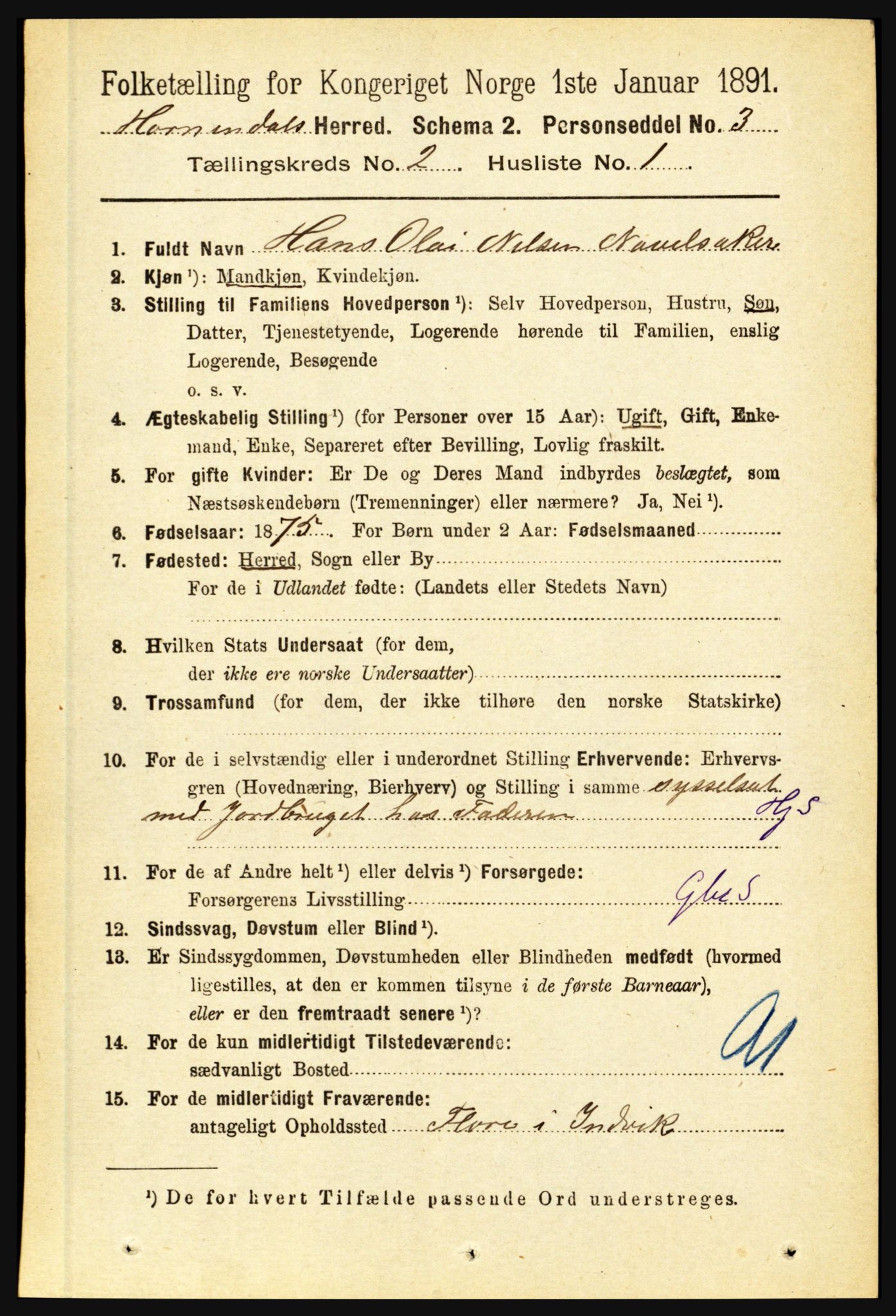 RA, 1891 census for 1444 Hornindal, 1891, p. 327