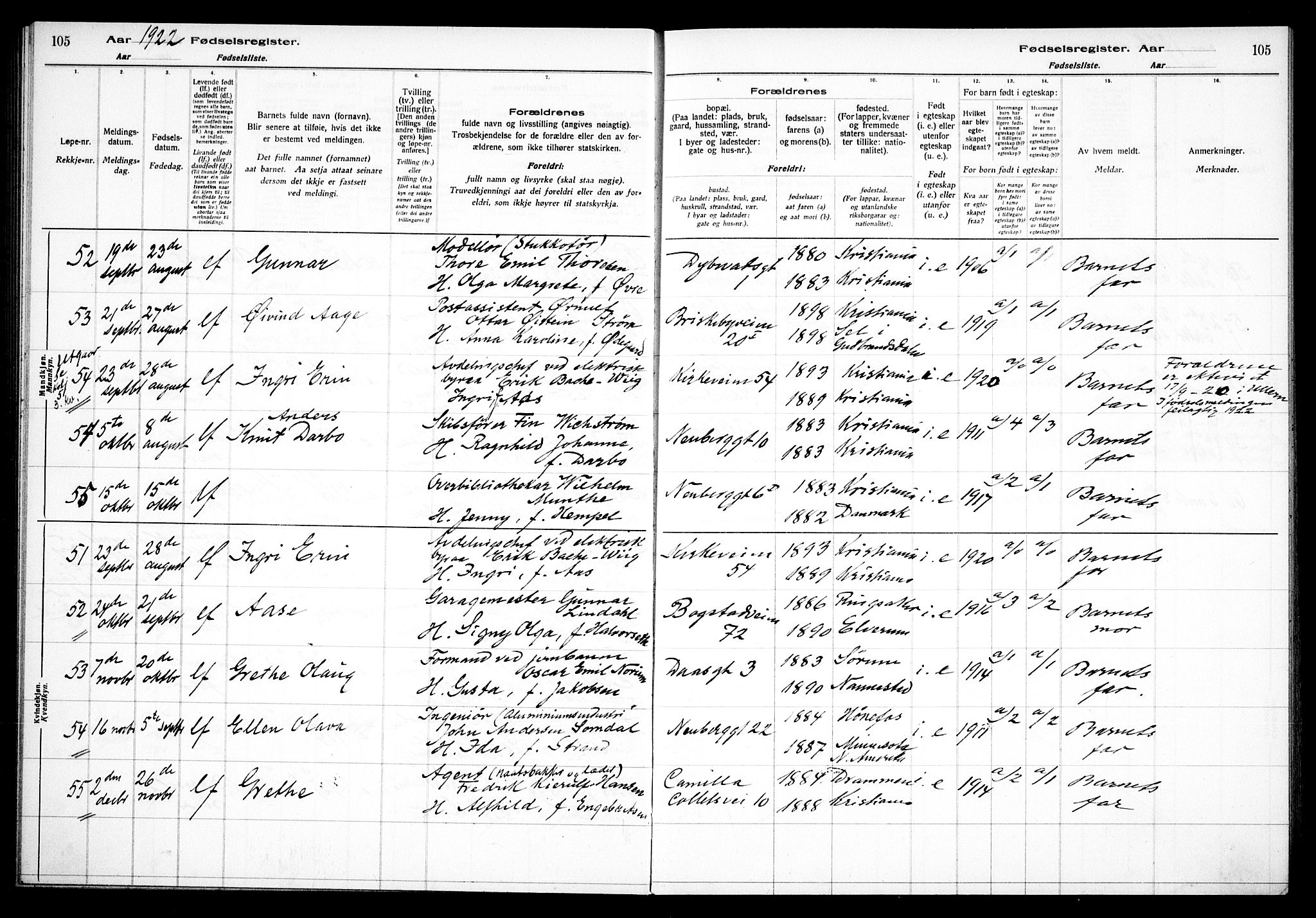 Uranienborg prestekontor Kirkebøker, AV/SAO-A-10877/J/Ja/L0001: Birth register no. 1, 1916-1930, p. 105